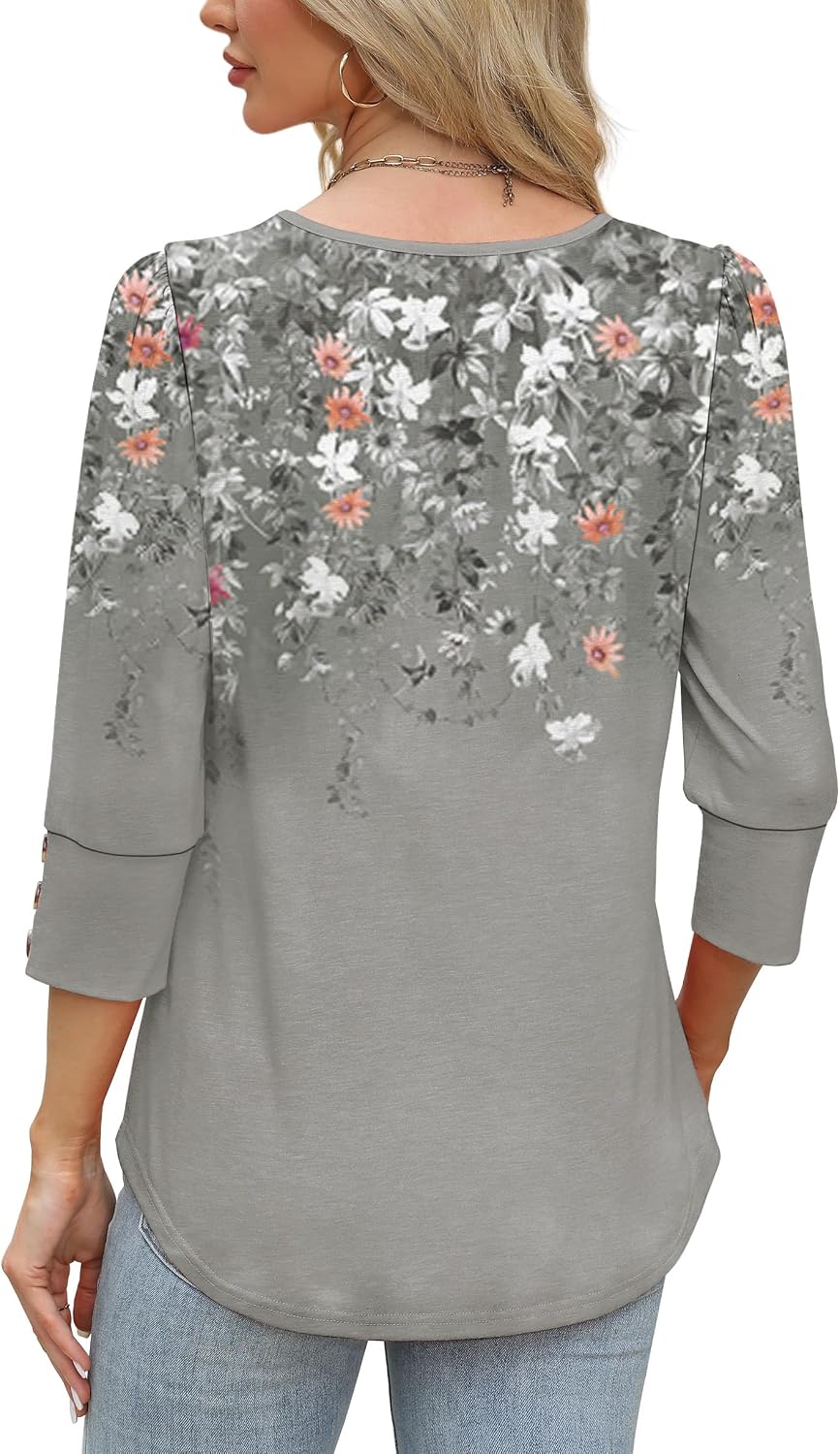 Detalle de WIHOLL 3/4 Sleeve V-Neck Top with Button Cuffs for Dressy Casual Office & Everyday Wear