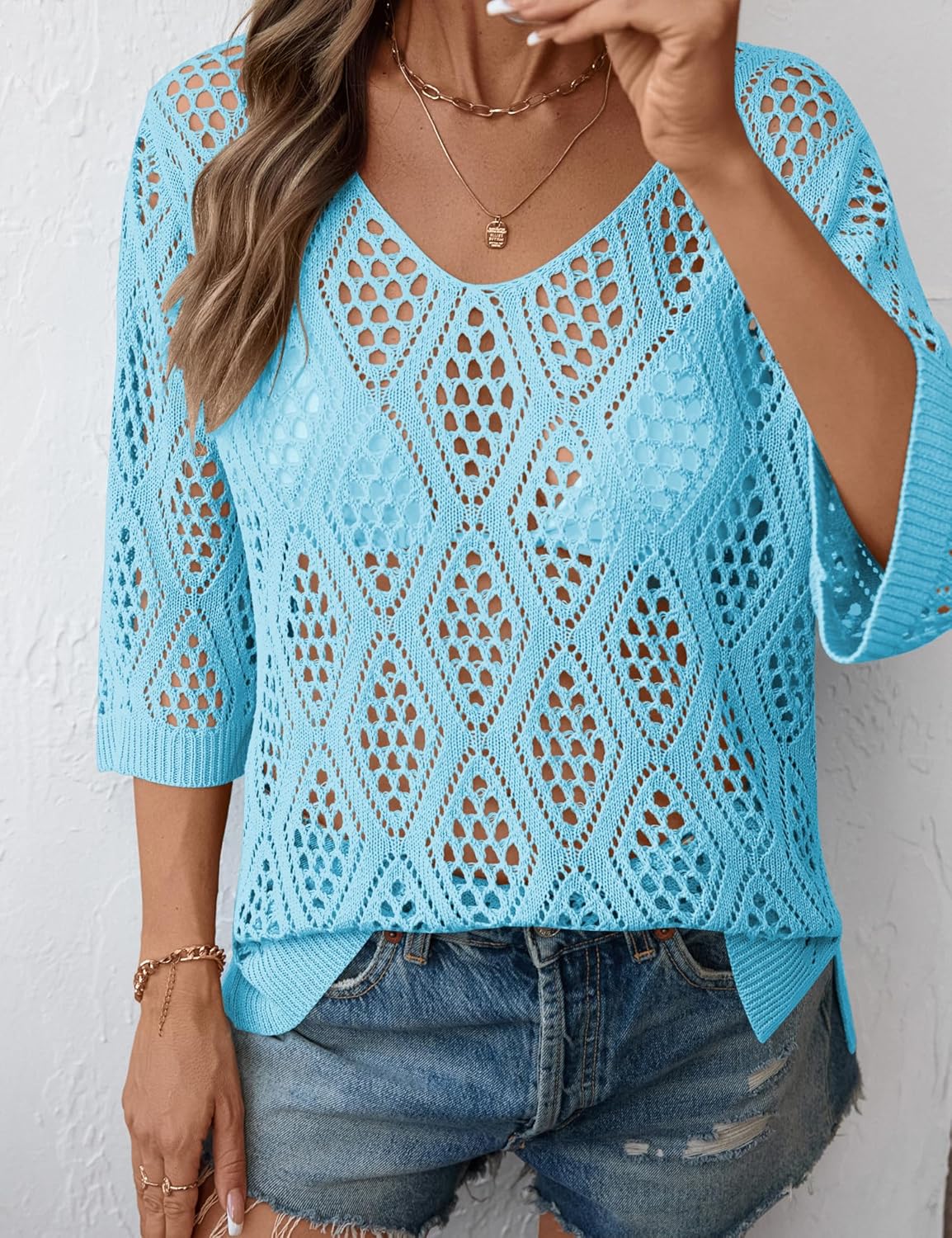 Detalle 2 de LOMON Women's 3/4 Sleeve Crochet Off-Shoulder Hollow Out V-Neck Sweater - Casual Beach Cover Up