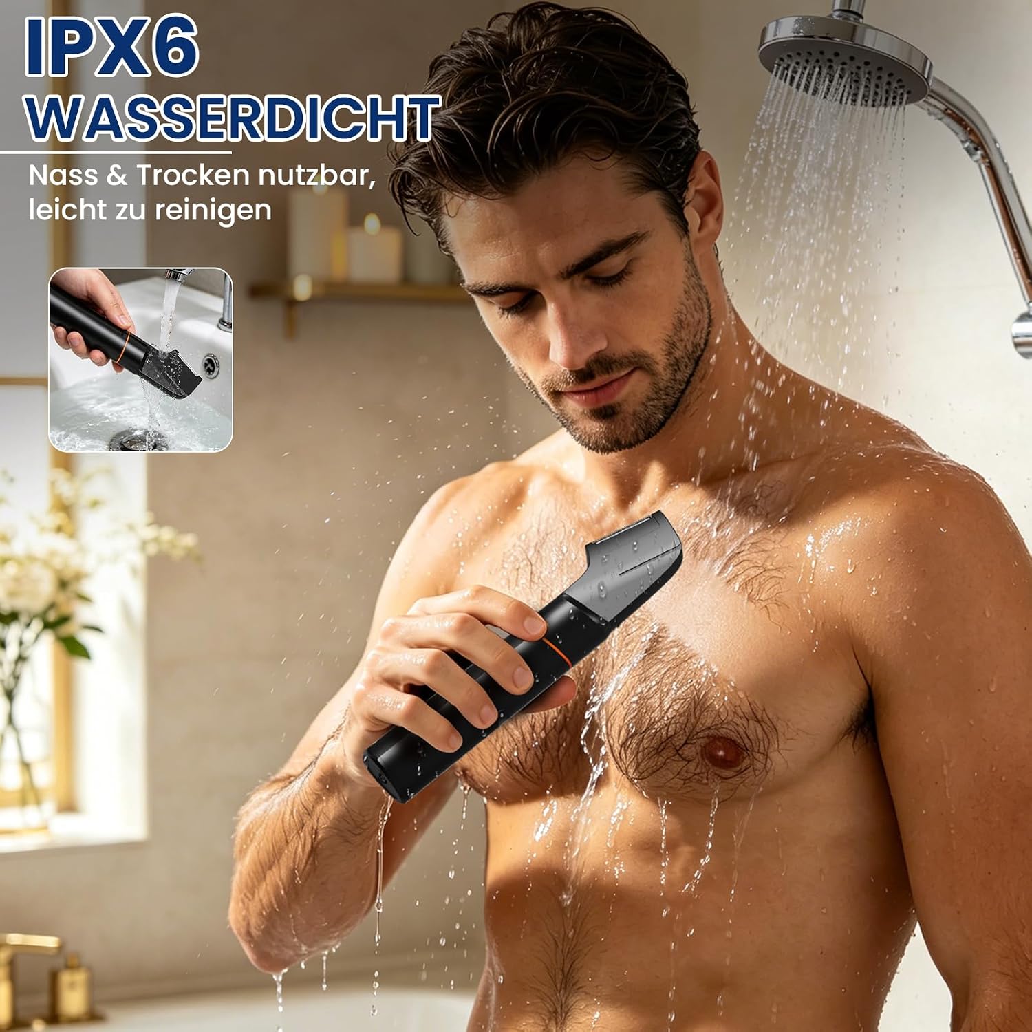 Detalle de MAXGROOM Intimrasierer Mann – 4-in-1 Rasierer für Intimbereich, Brust, Achseln und mehr (IPX6, LED-Anzeige)