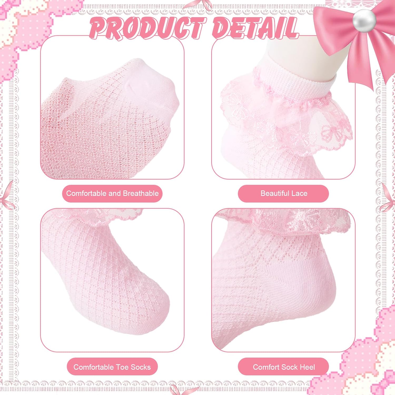 Thumbnail 2 de QKURT 6 Pairs Girls Frilly Ankle Socks with Multicolour Lace