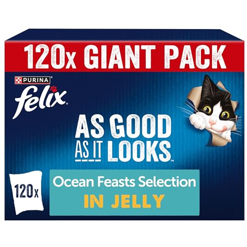 Detalle de FELIX As Good As It Looks Ocean Feasts Wet Cat Food in Jelly (Plaice, Salmon, Tuna, Cod) 120 x 85g Pouches