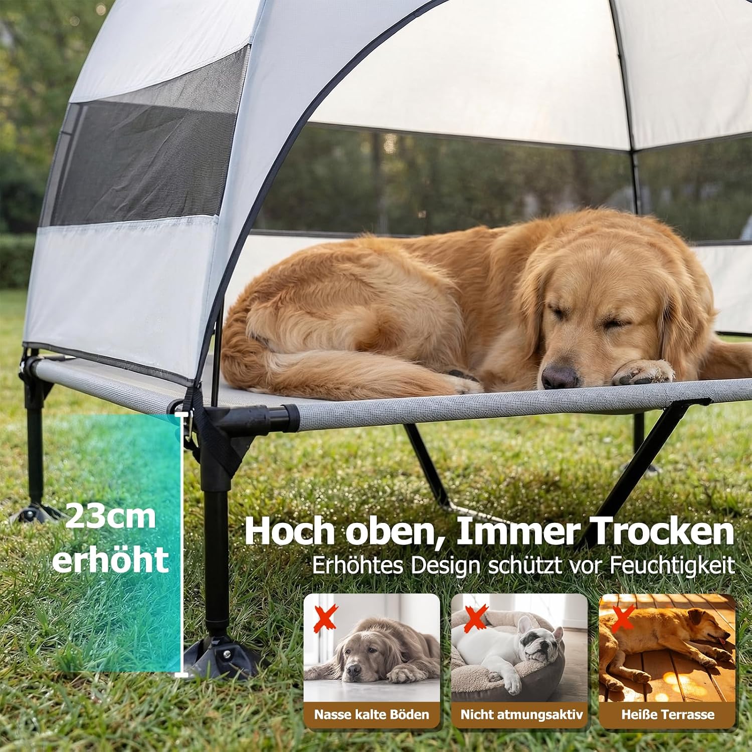 Detalle de Erhöhtes Outdoor-Hundebett mit UV-beständigem Dach | XL Grau – einfaches Aufstellen, kühler Schattenplatz für Camping, Garten und Pool