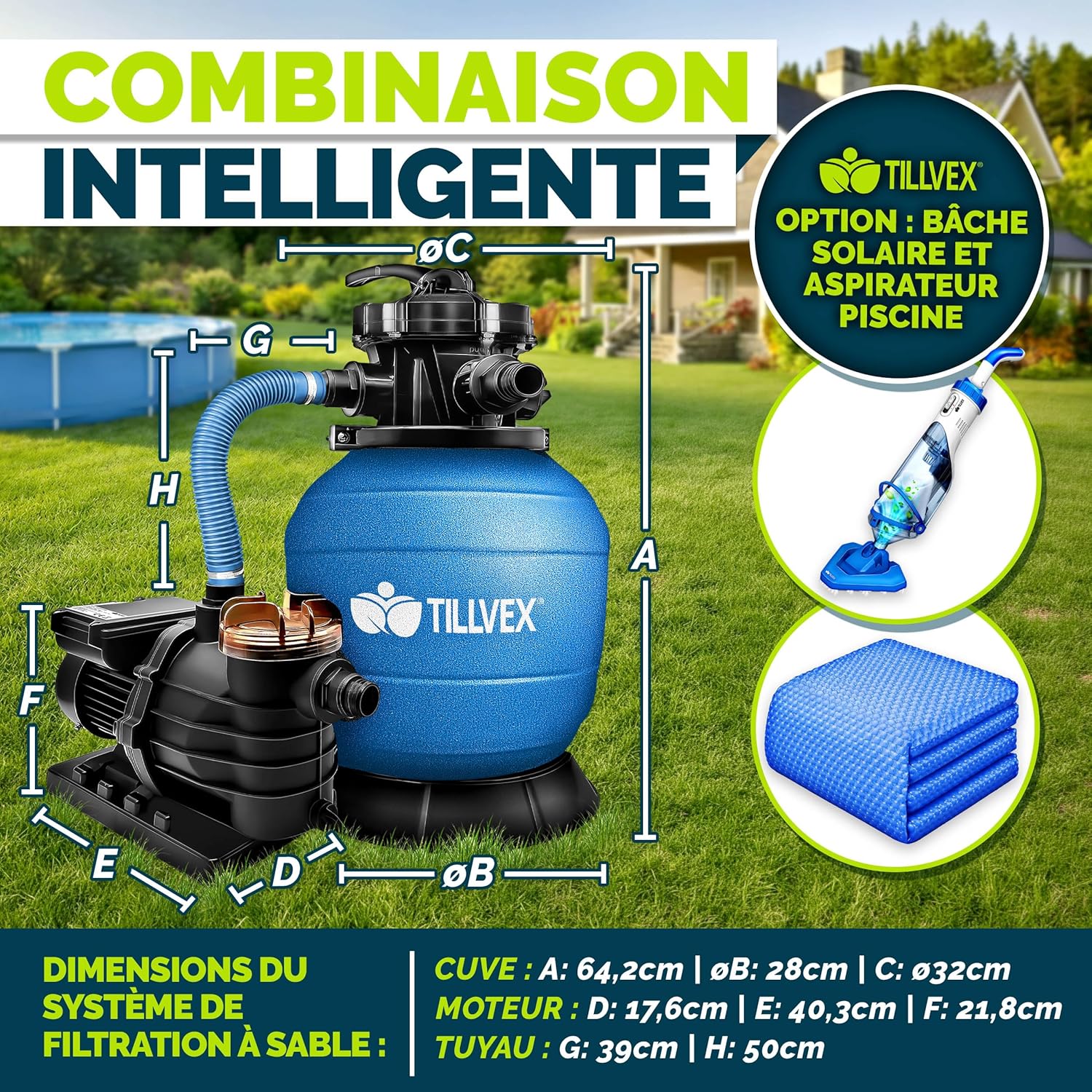 Thumbnail 1 de tillvex Système de Filtre à Sable 10 m³/h (7 voies) avec 800 g de boules filtrantes et manomètre