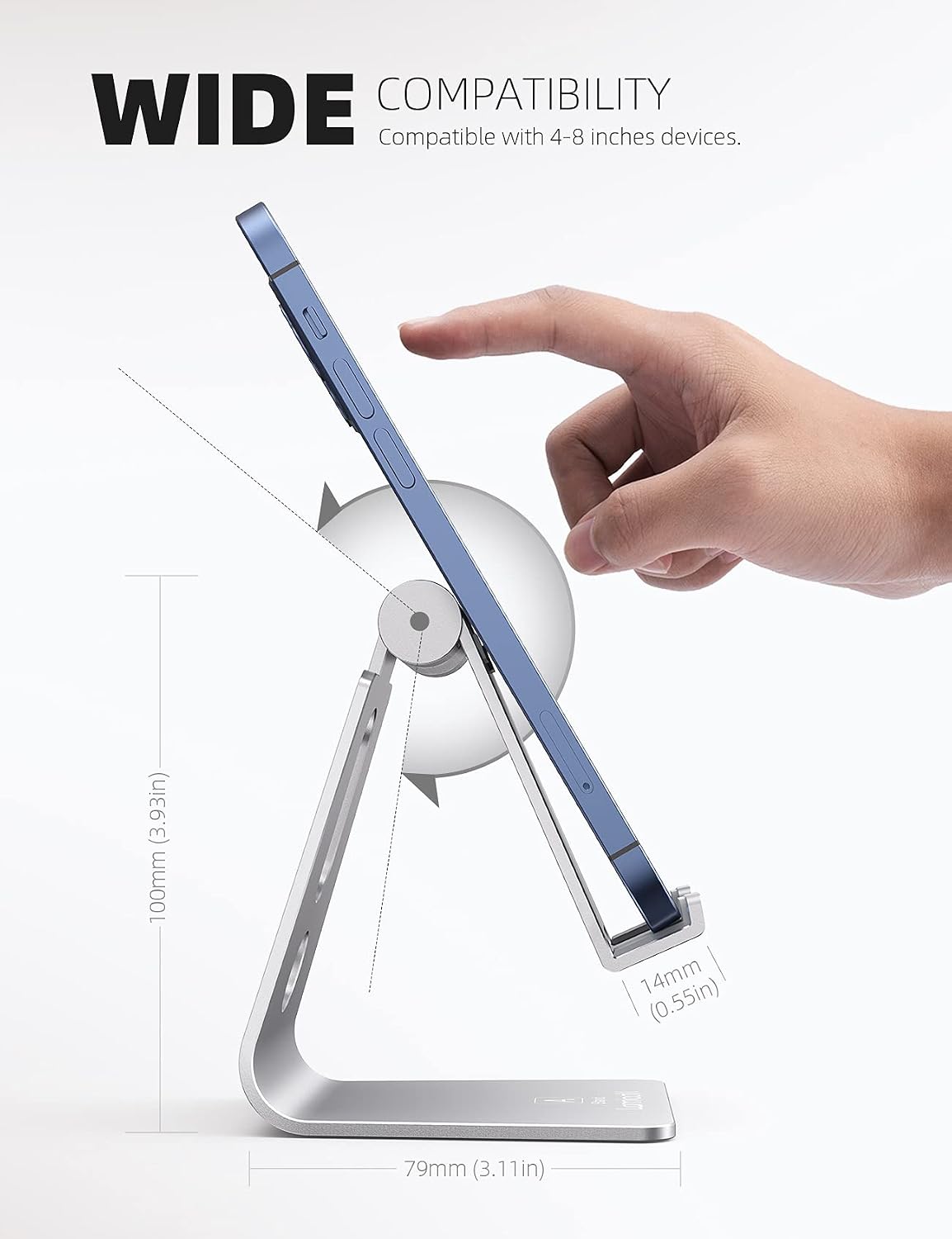 Detalle 1 de Lamicall A-Stand 02 Aluminum Cell Phone Stand, Adjustable Viewing Angle, Silver