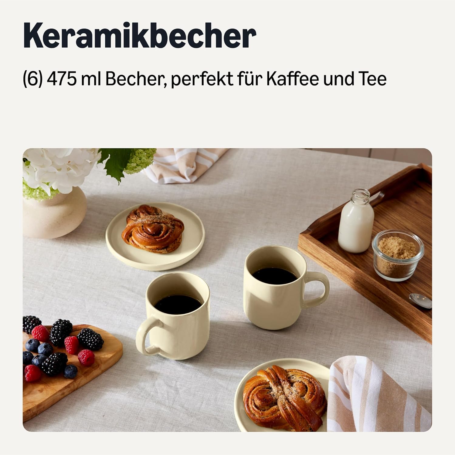 Detalle 2 de Amazon Basics glasierte Steingut-Kaffeebecher, 6-teiliges Set, 473 ml – Elfenbein