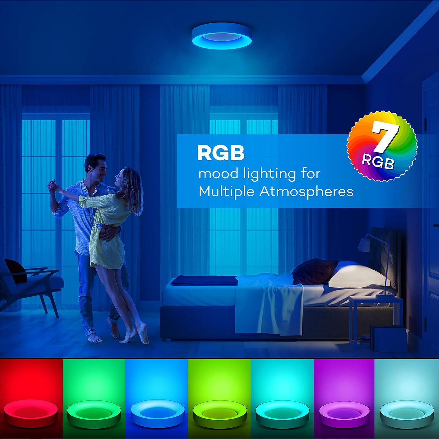 Detalle de Matane Matane RGB LED Flush Ceiling Light (24W) with Remote, Dimmable 3000K–6500K, 11 Inch White