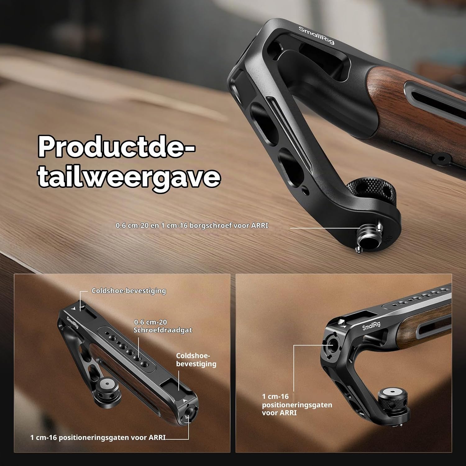 Detalle 2 de SMALLRIG 5252 houten cameragreep met 1/4"-20/3/8"-16-bevestiging en 15 kg draagvermogen