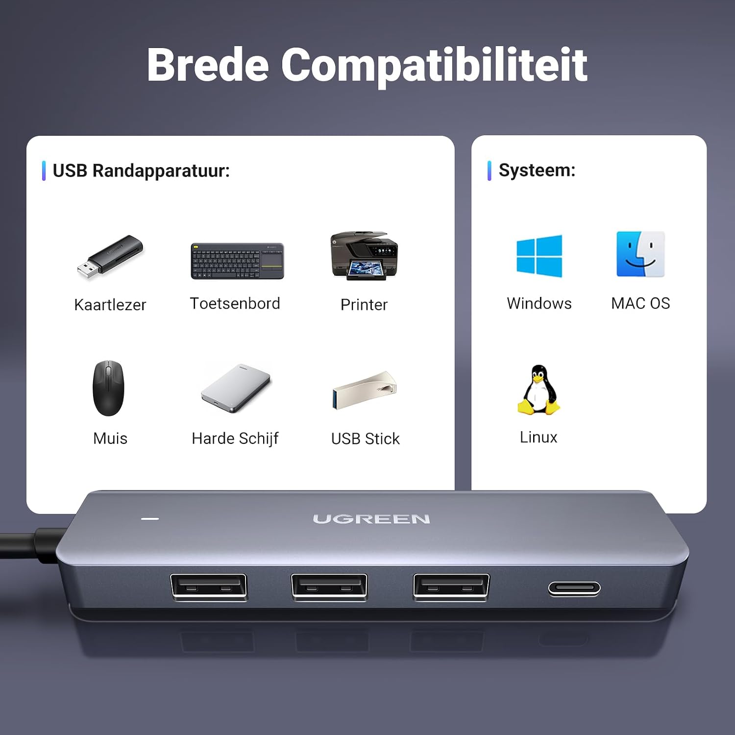 Thumbnail 6 de UGREEN USB Hub 3.0 met 1 USB-C- en 3 USB-A-poorten, 5Gbps en kabel van 60 cm