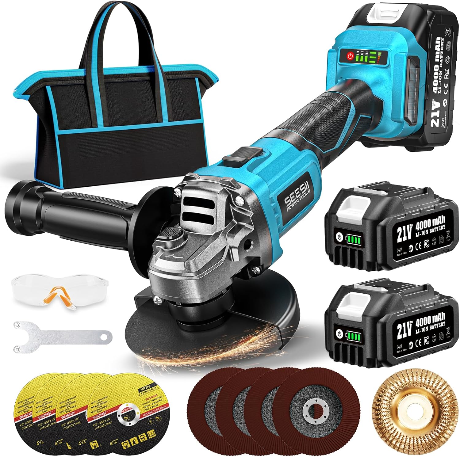 SEESII Meuleuse d'angle sans fil 125 mm 2x4000 mAh