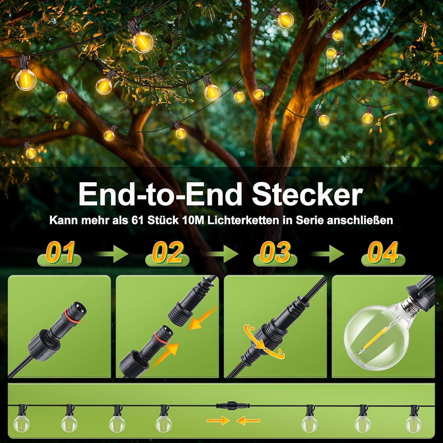 Thumbnail 2 de Lichterkette Außen LED Outdoor Strom – 10 m, 2700 K, 61 LEDs, wetterfest, Glühbirnen aus Kunststoff