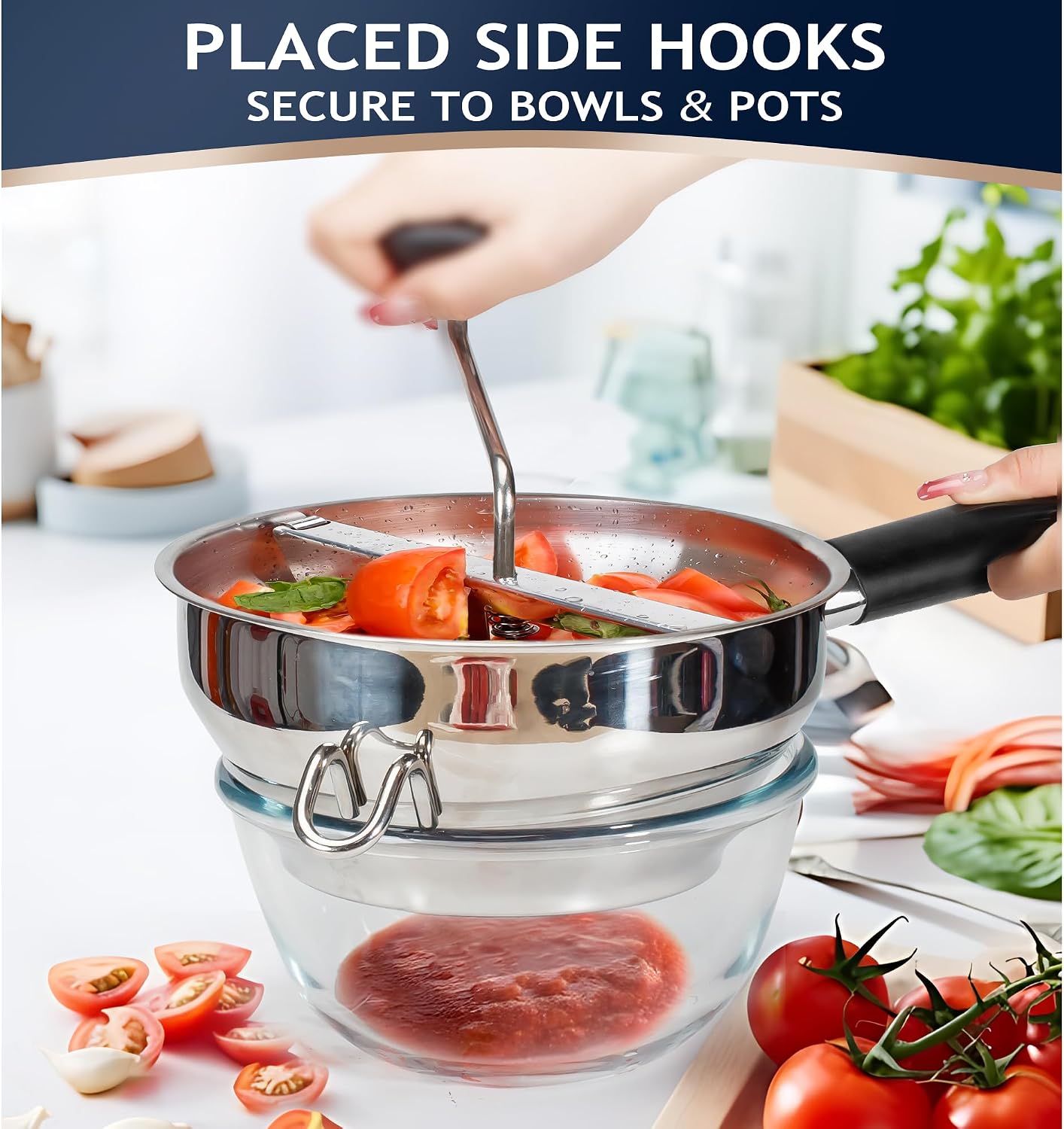 Detalle 2 de Stainless Steel Food Mills with 3 Milling Discs — Ergonomic Rotary Design with Silicone Handle