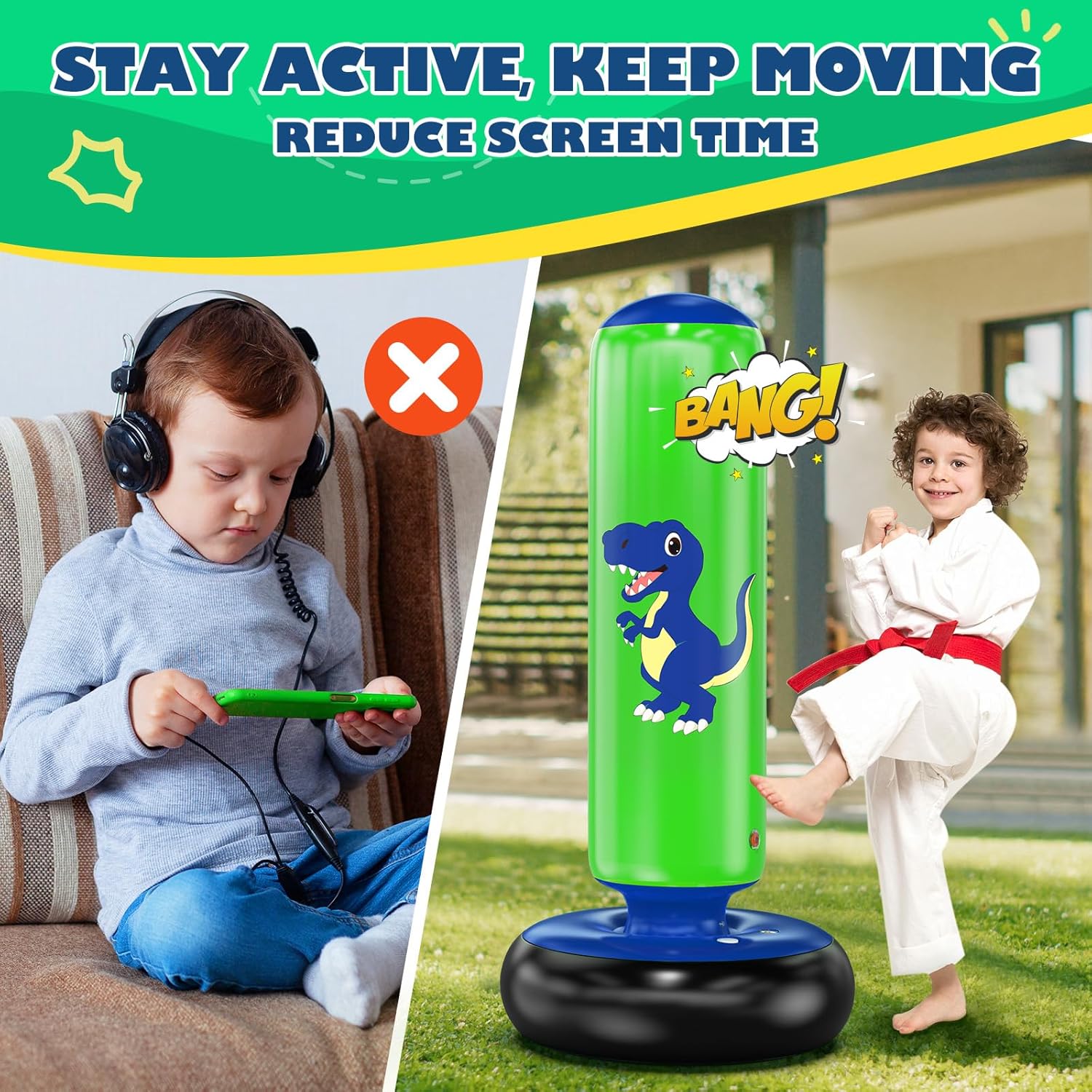 Thumbnail 2 de QPAU Inflatable Kids Punching Bag (66 inch) with Dinosaur Boxing Gloves – training toy for ages 3–8