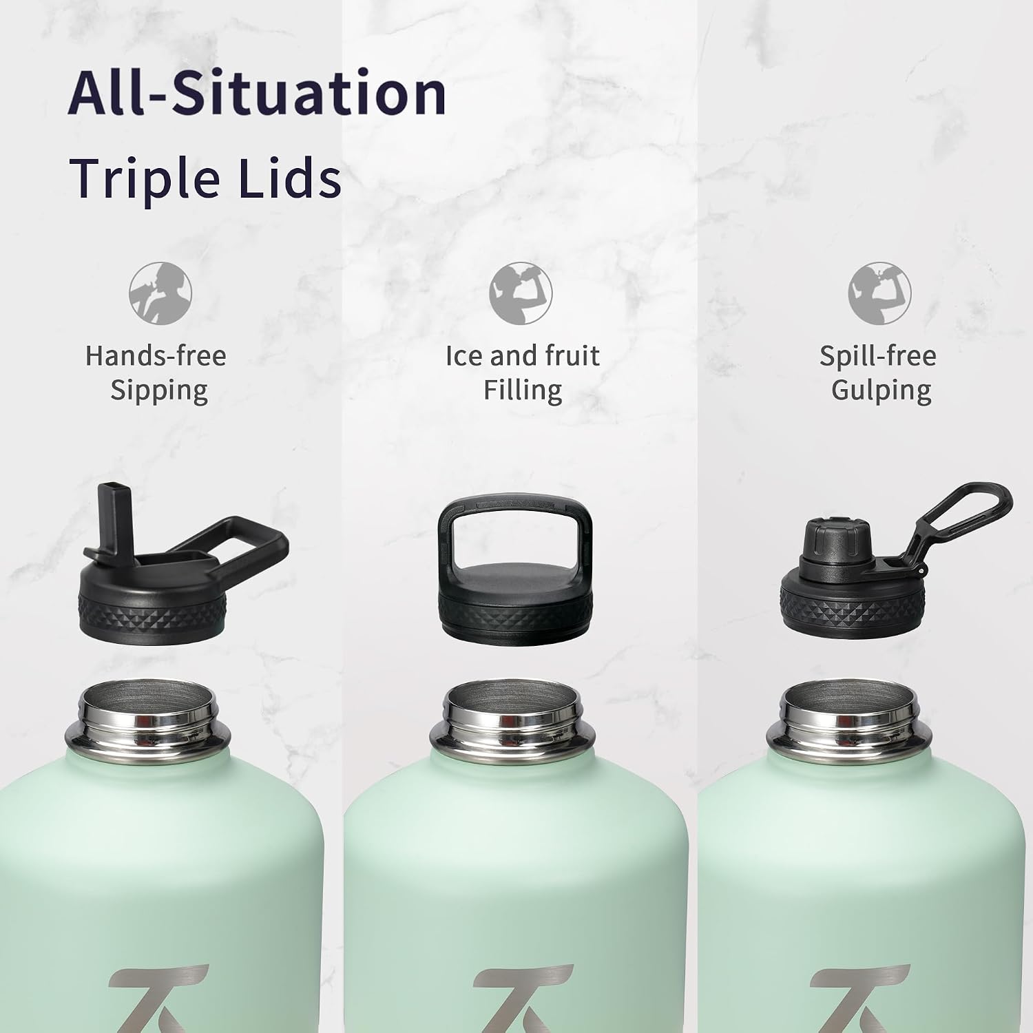 Detalle de Trebo One Gallon Insulated Water Bottle (3.8 L) with Paracord Handle, 3 Leakproof Lids & Straw/Spout/Wide-Mouth Options, Dark Green