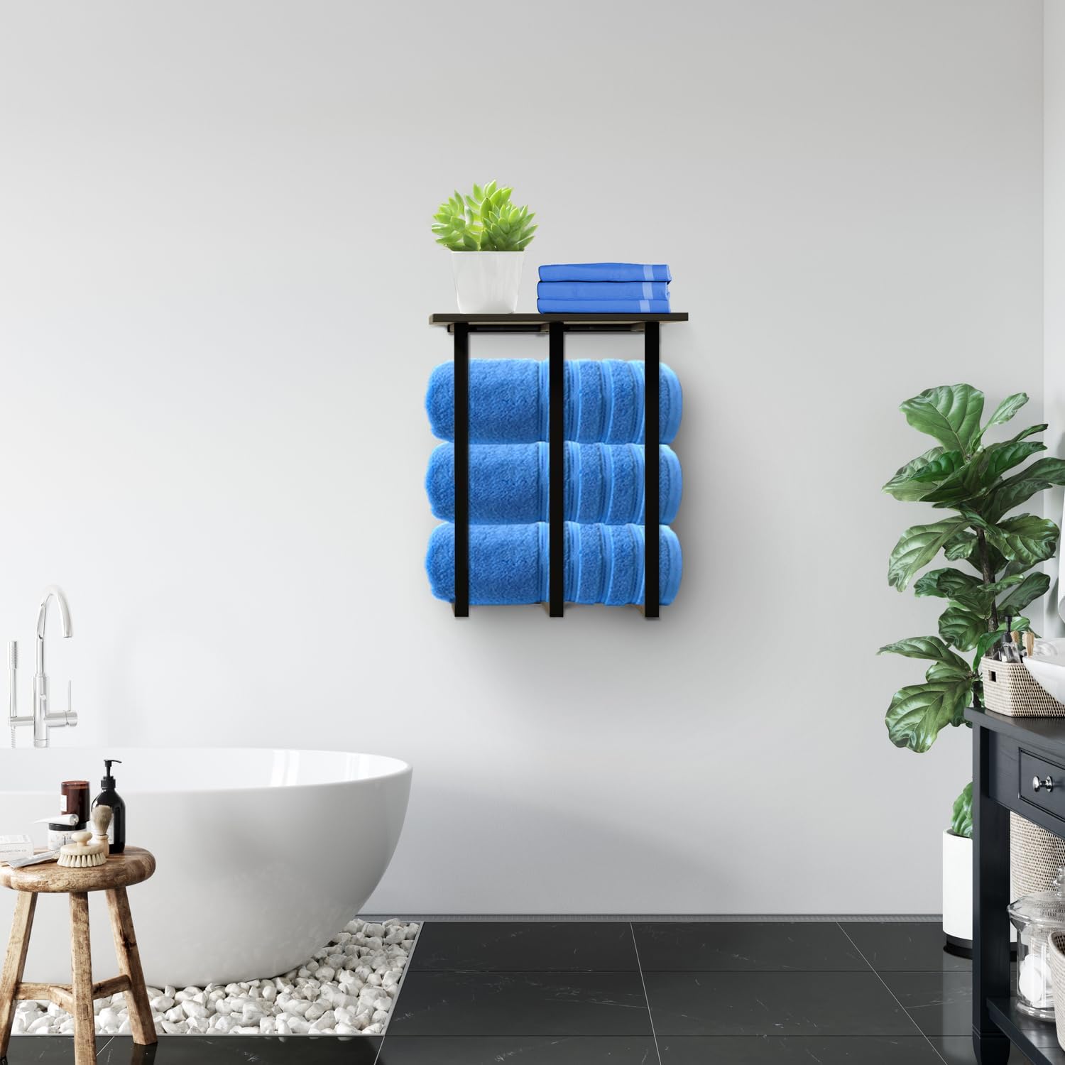 Detalle 2 de Portasciugamani da parete con ripiano e contenitore – 3 barre in ferro, portata 25 kg, design MDF