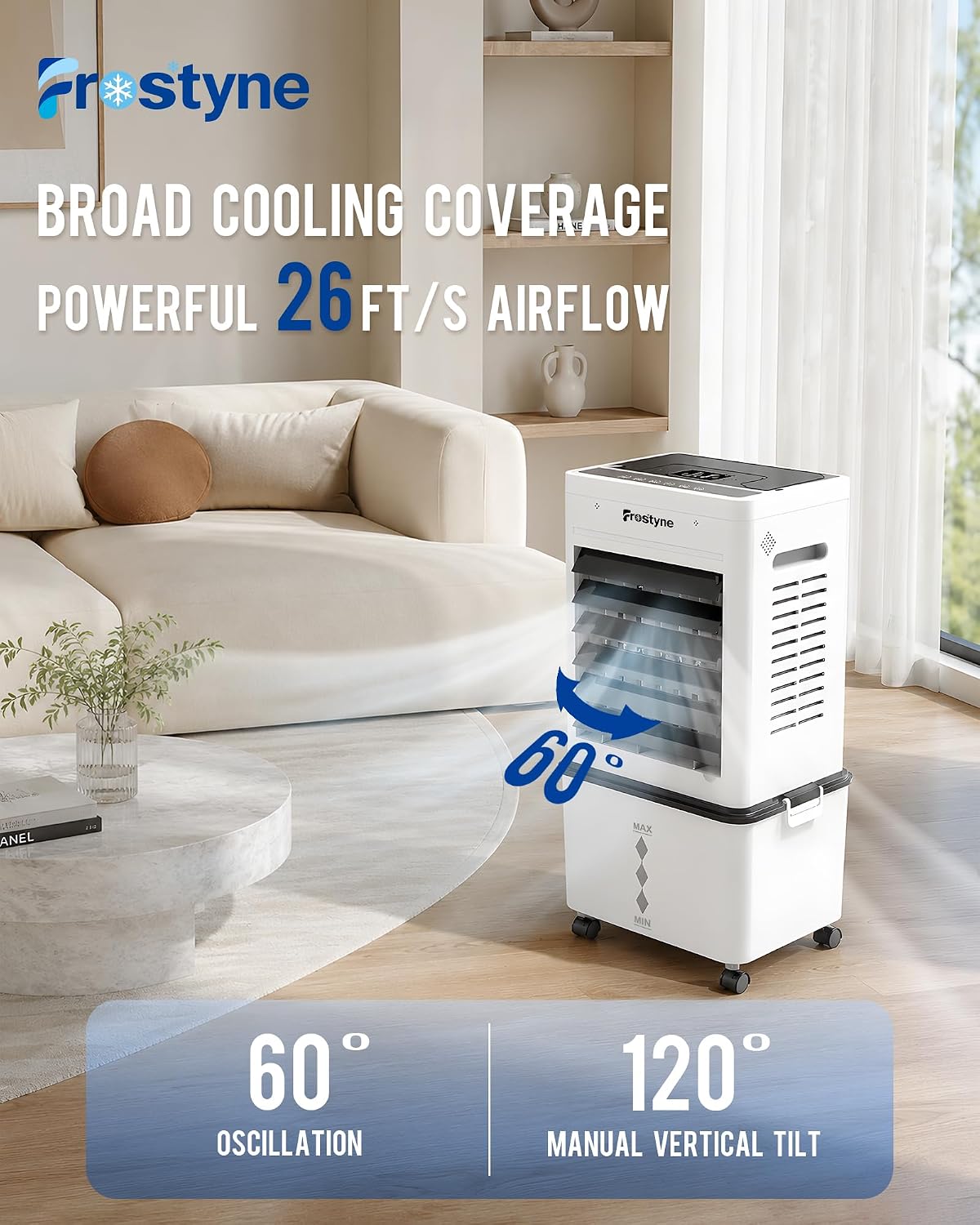 Thumbnail 5 de Frostyne Portable Evaporative Air Cooler with Humidifier (3Gal Tank, 10 Ice Packs, 6 Speeds, 4 Modes) – Black