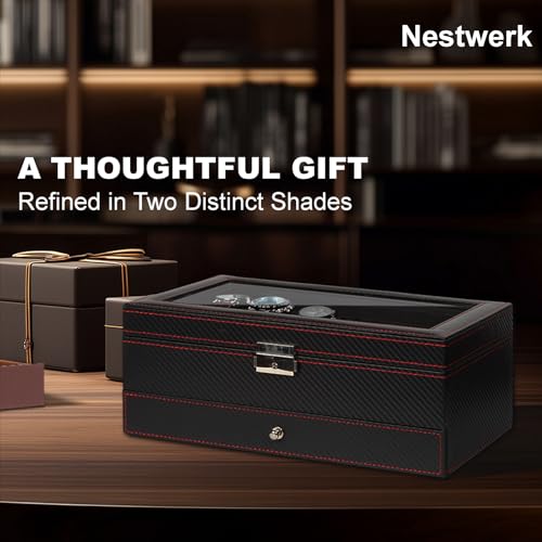Thumbnail 7 de Nestwerk Men's Jewellery Box: 6-Slot Lockable Watch Case with 2-Tier Storage and Glass Display