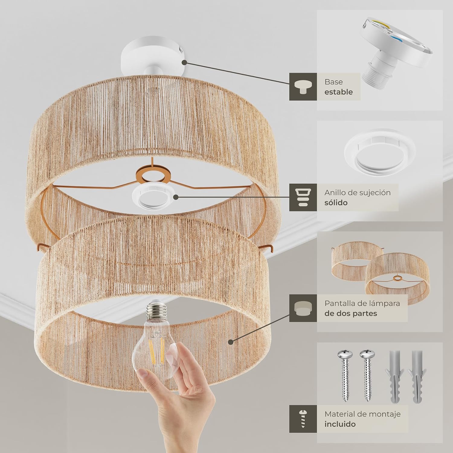 Detalle de tectake Lampara Techo Boho yute 40 W