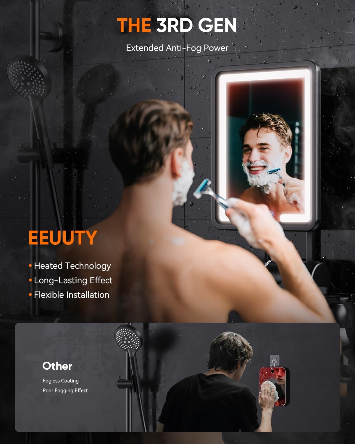 Thumbnail 1 de eeuuty Heated Shower Mirror Fogless for Shaving (Gen 3) with Razor Holder - 3 Colors, Stepless Dimming, Anti-Fog (Black)