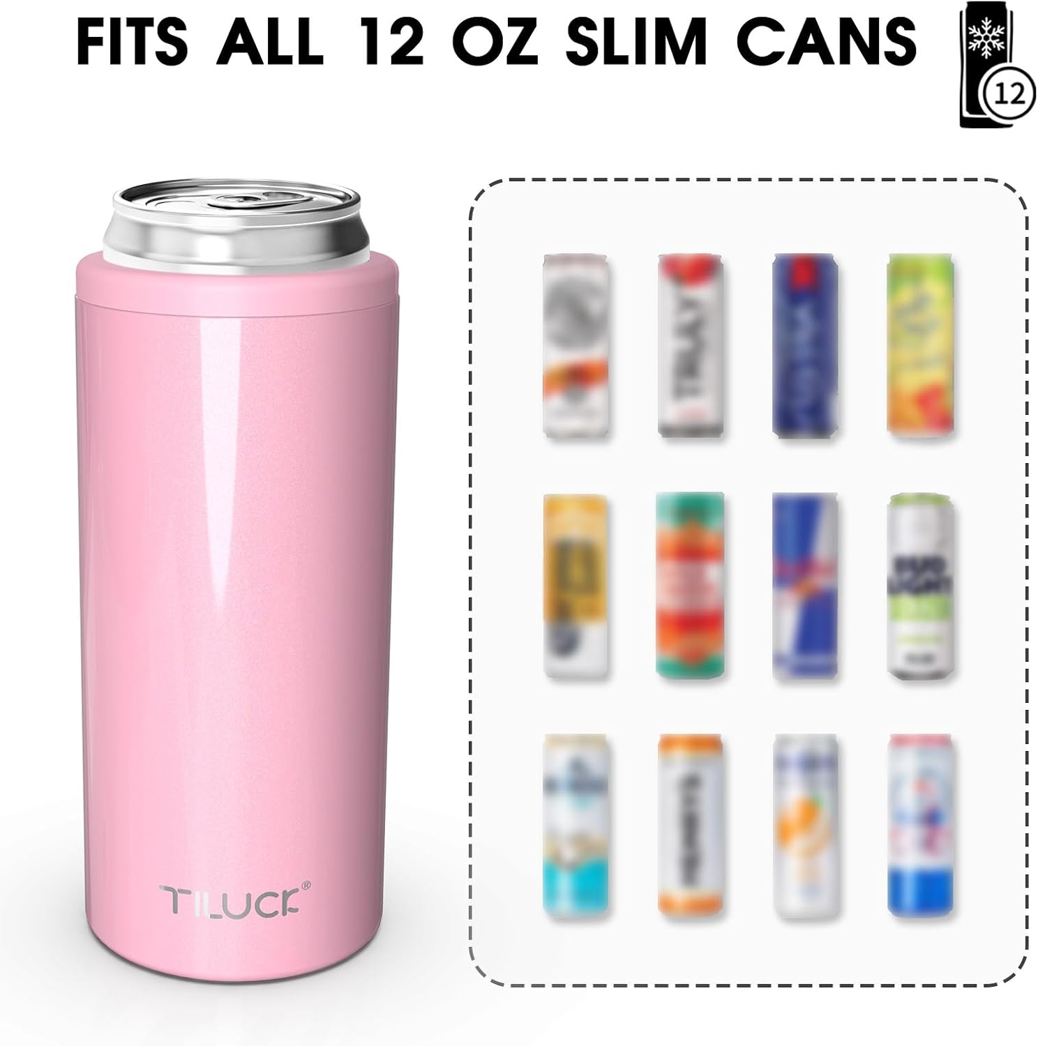 Thumbnail 2 de TILUCK Skinny Can Cooler - Stainless Steel Insulated Slim Cans, 12 oz (Glitter Blush)