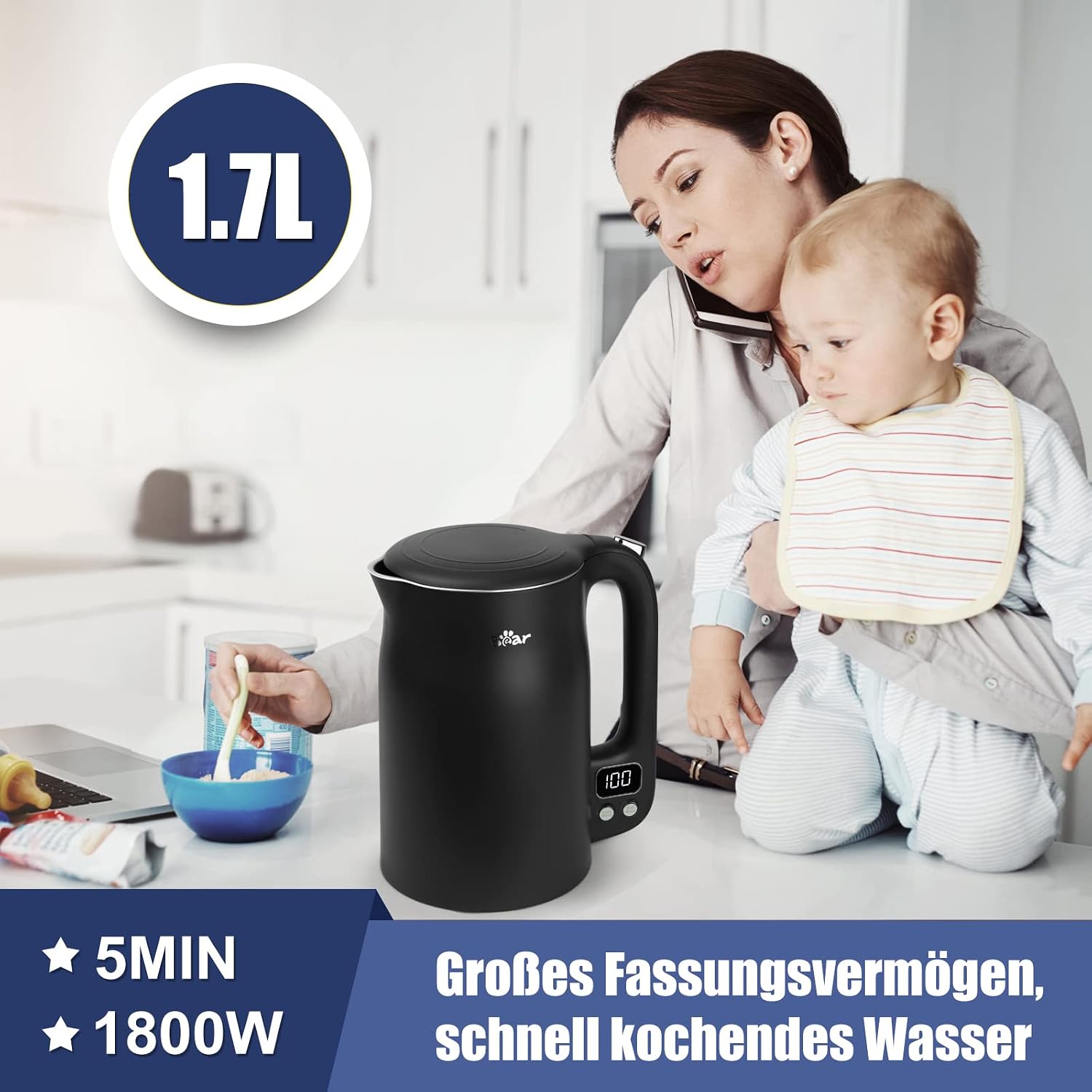 Detalle de Bear 1.7L Edelstahl-Wasserkocher mit 11 Temperaturen, 1800W und Strix Thermostat