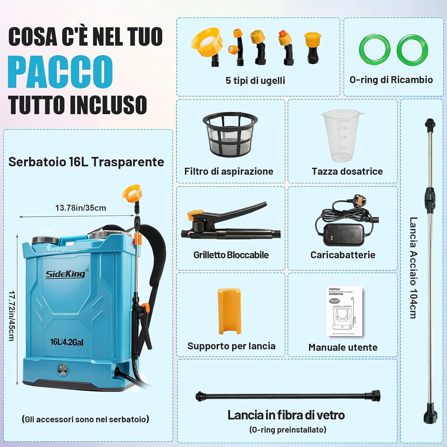 Thumbnail 5 de SideKing Pompa Irroratrice a Batteria 16 Litri – Atomizzatore a Spalla con 5 Ugelli, 8,3 Bar, 4000mAh
