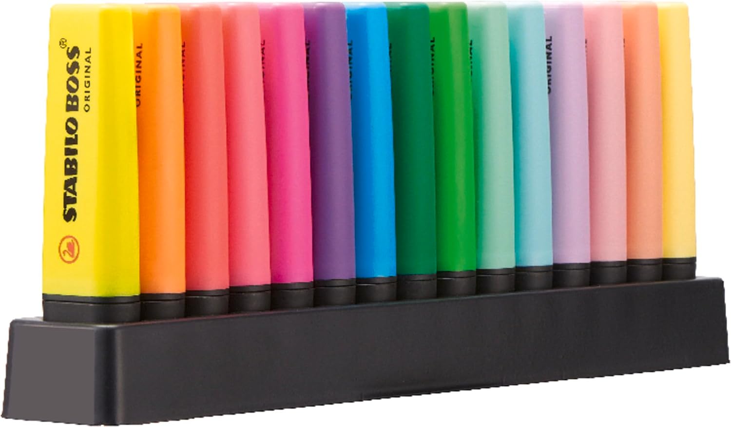 STABILO BOSS ORIGINAL Desk-Set 15 Colori Assortiti (9 Neon + 6 Pastel) – Evidenziatore ricaricabile