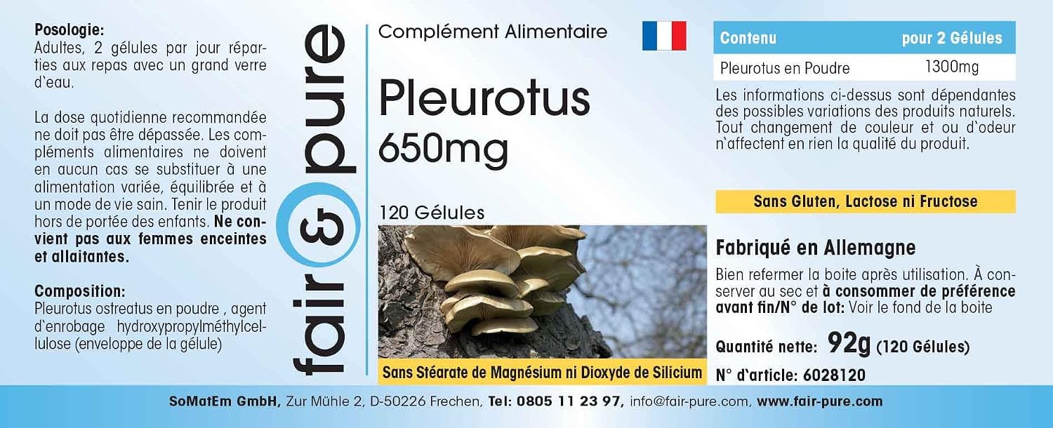 Detalle de Fair & Pure Pleurotus 650mg – Vegane Austernpilz-Kapseln, 120 Stück, in Deutschland hergestellt