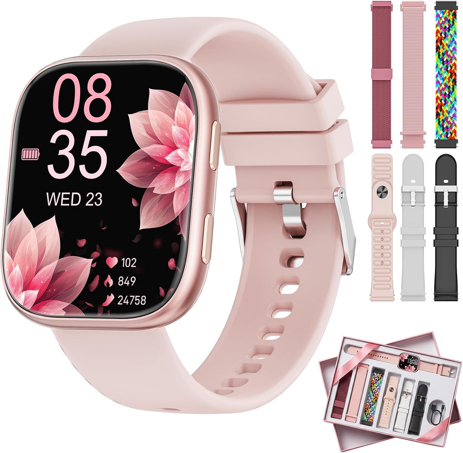 Detalle de Montre Connectée Femme – 7 Bracelets et Coffret Cadeau, Écran HD 1,83'', Appels Bluetooth et Suivi Santé (SpO2, HR, sommeil) – 100+ Modes Sportifs