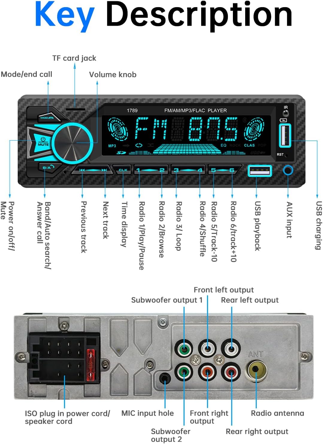 Detalle de ePathChina Car Audio Bluetooth Single DIN Car Stereo with 12V Power, VA LCD Screen and Dual USB