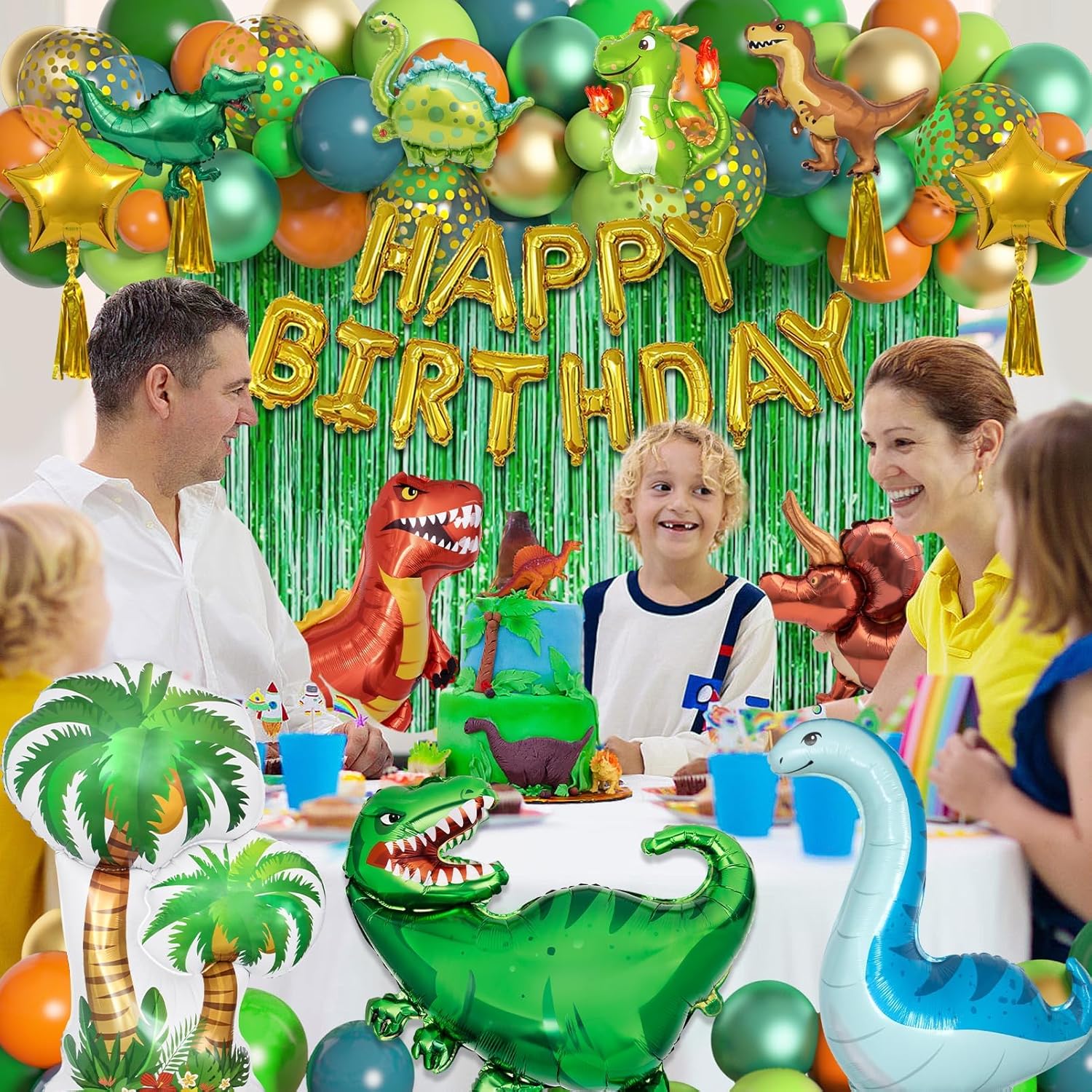 Thumbnail 3 de BlueCloudy Dinosaur Party Balloons Supplies – 125pc Jungle Happy Birthday Foil Balloon Curtain & Arch Set