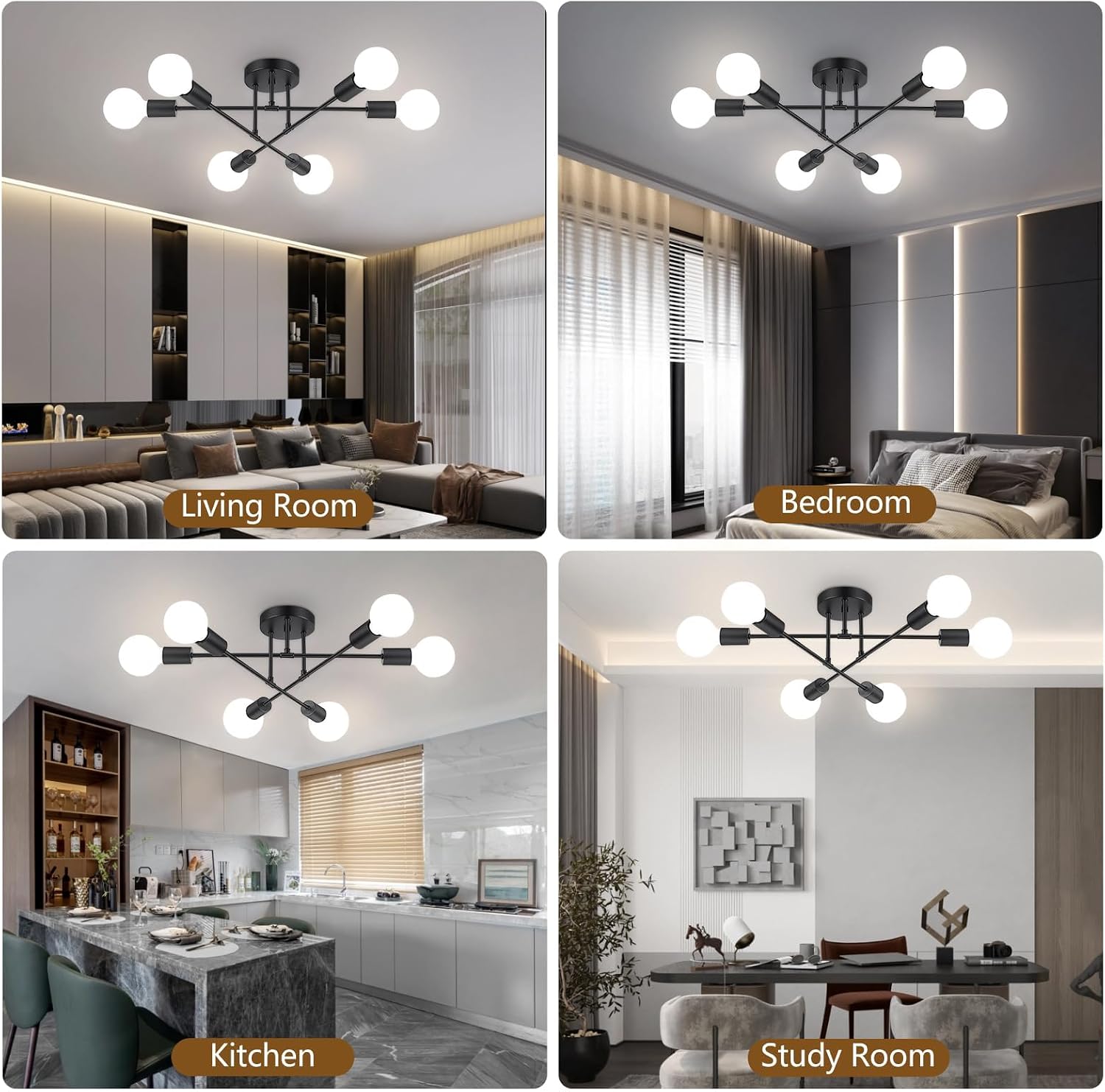 Thumbnail 6 de Maichixin 1 6-Light Sputnik Chandelier, Black Semi-Flush Ceiling Light