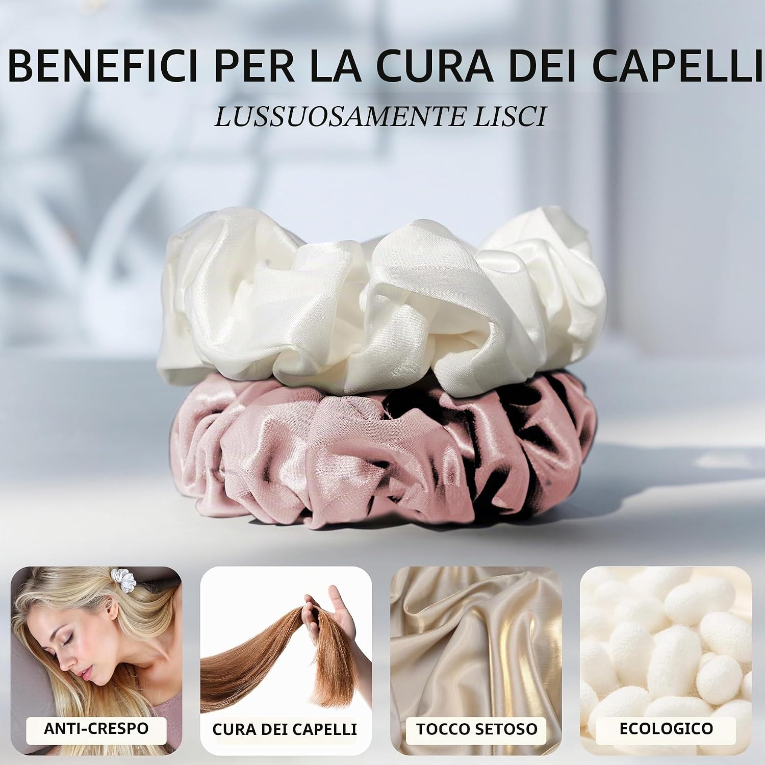 Detalle 2 de Townssilk Seta Scrunchie - Set da 2 pezzi in seta di gelso 6A/22 Momme, rosa e bianco