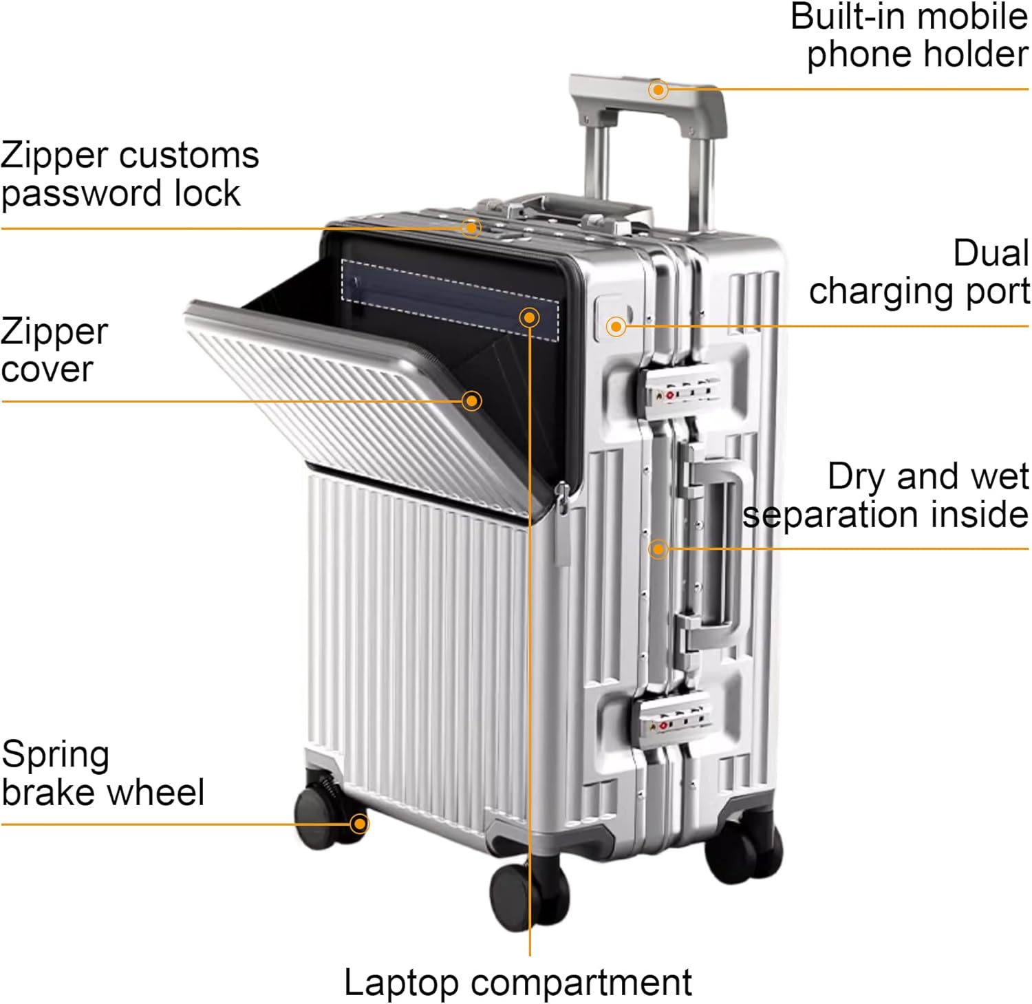 Thumbnail 4 de AIWEINY 20'' Silver Carry-On: TSA Lock, 360° Wheels, Dual-Compartment Hard Shell