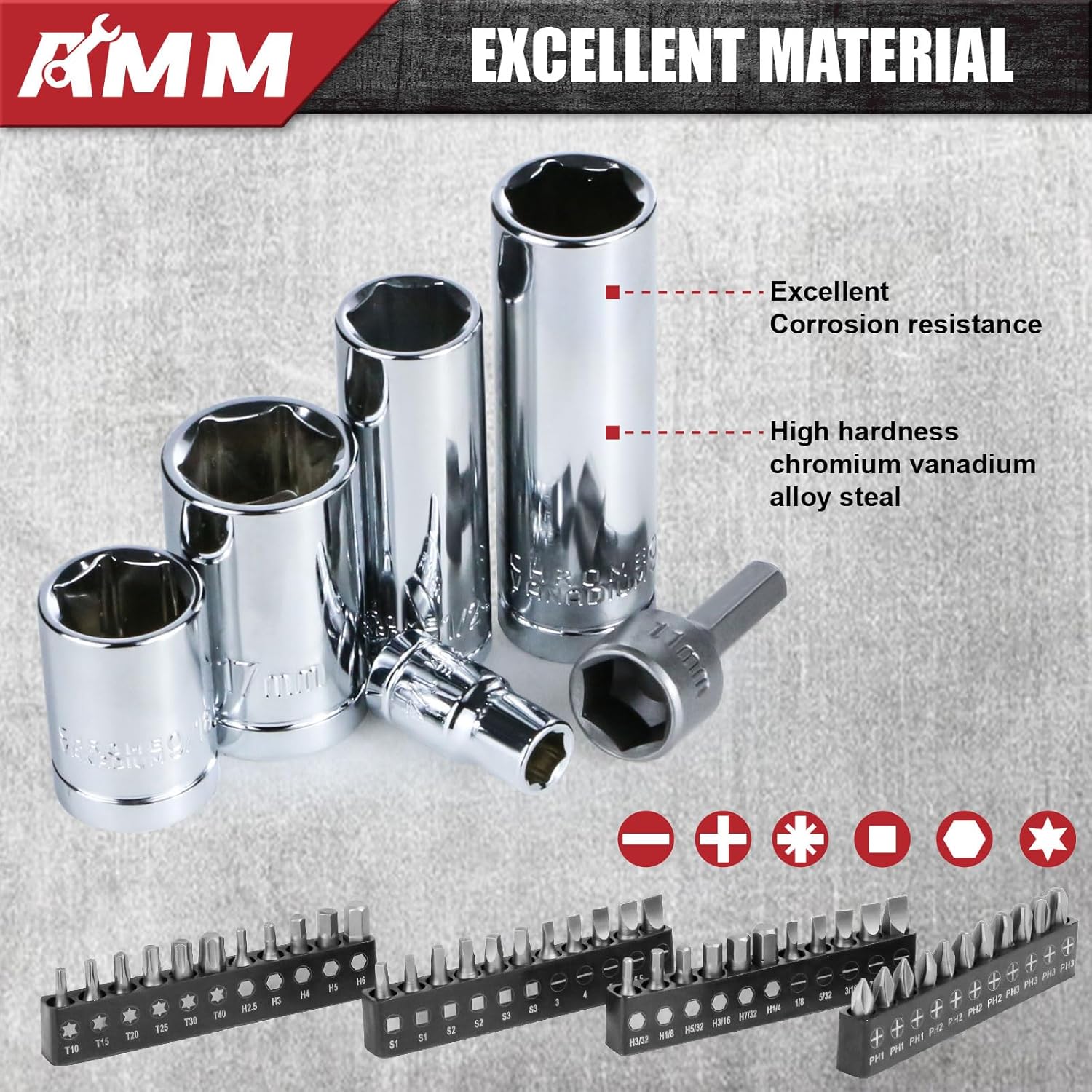 Detalle de AMM Mechanics Tool Set: 202-Piece 1/4 in, 3/8 in, and 1/2 in Drive Socket Set