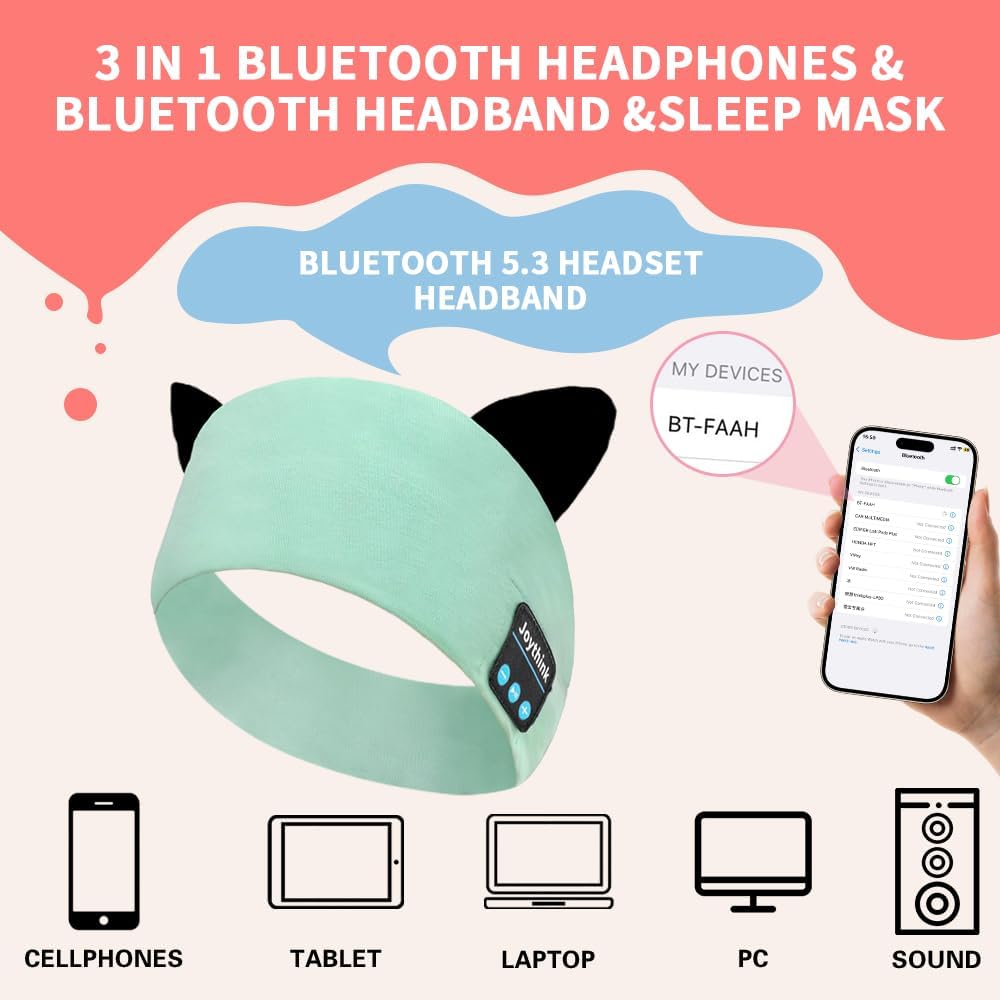 Detalle de Joythink Kids Bluetooth Headband Headphones Sleep Mask: 3-in-1 Comfort for Travel & Study