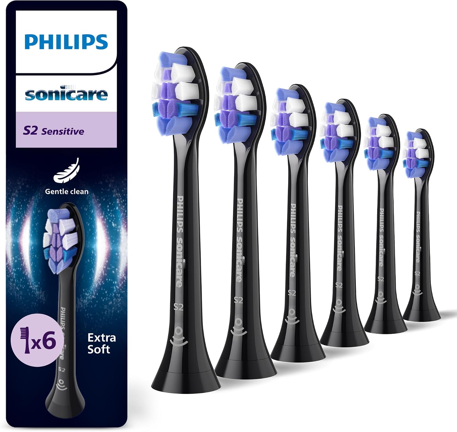 Detalle de Philips Sonicare S2 Sensitive replacement toothbrush heads (HX6056/88) – Black, 6-pack