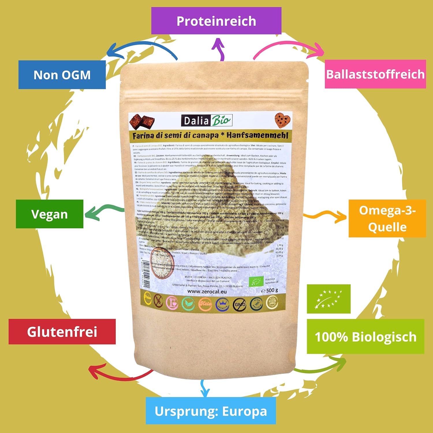 Thumbnail 2 de ZeroCal – Dalia Bio Hanfsamenmehl (500 g) mit 43% Protein, glutenfrei