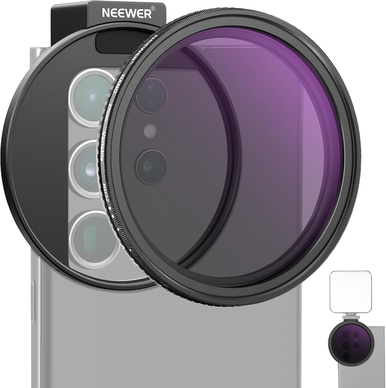 Detalle de NEEWER Kit filtri ND variabile 67mm ND2–ND32 per lenti telefono con Phone Clip e attacco Cold Shoe
