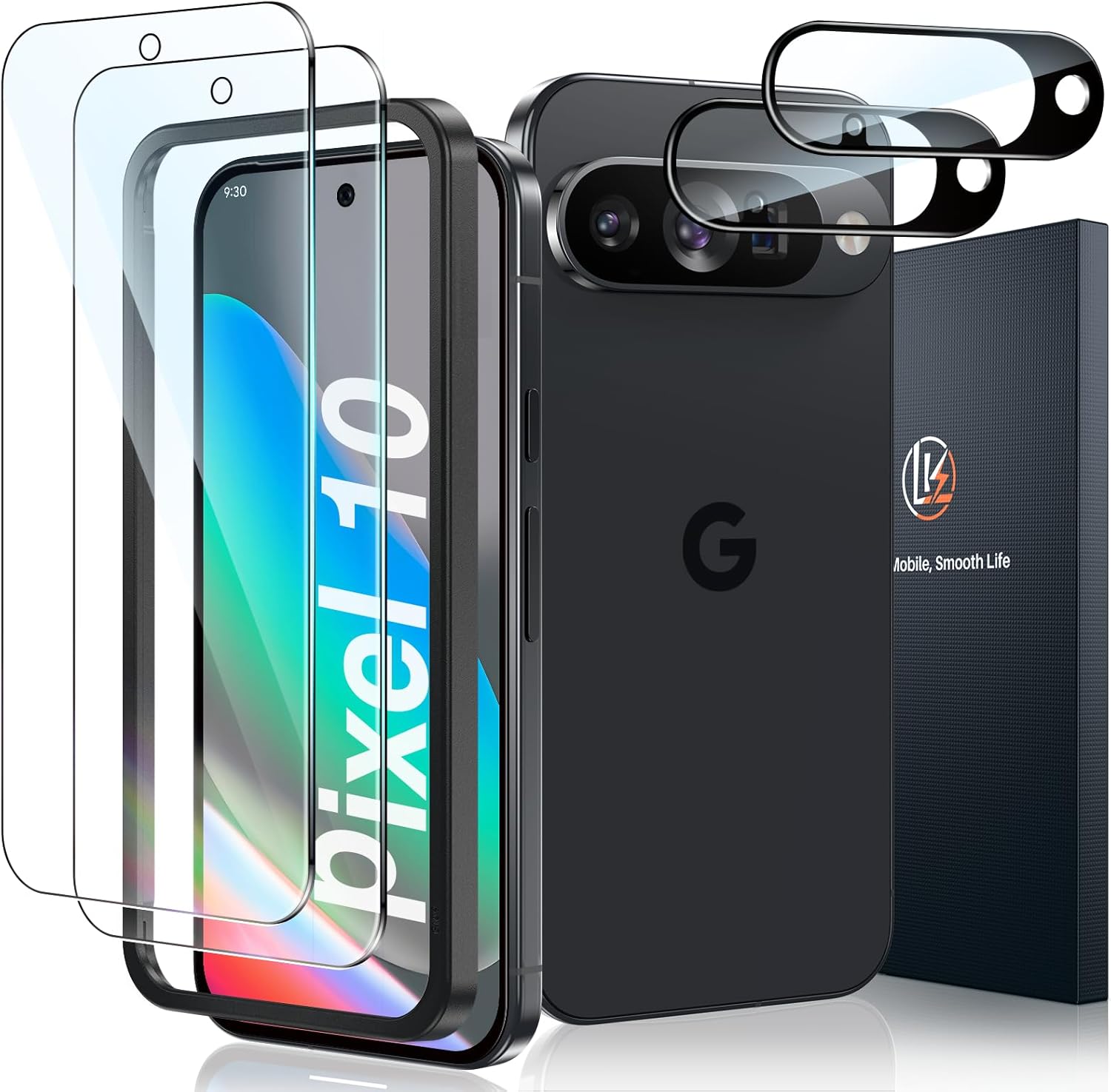 Detalle de LK 2+2 Pack Screen Protector for Google Pixel 10 – 2x tempered glass screen protectors and 2x camera lens protectors