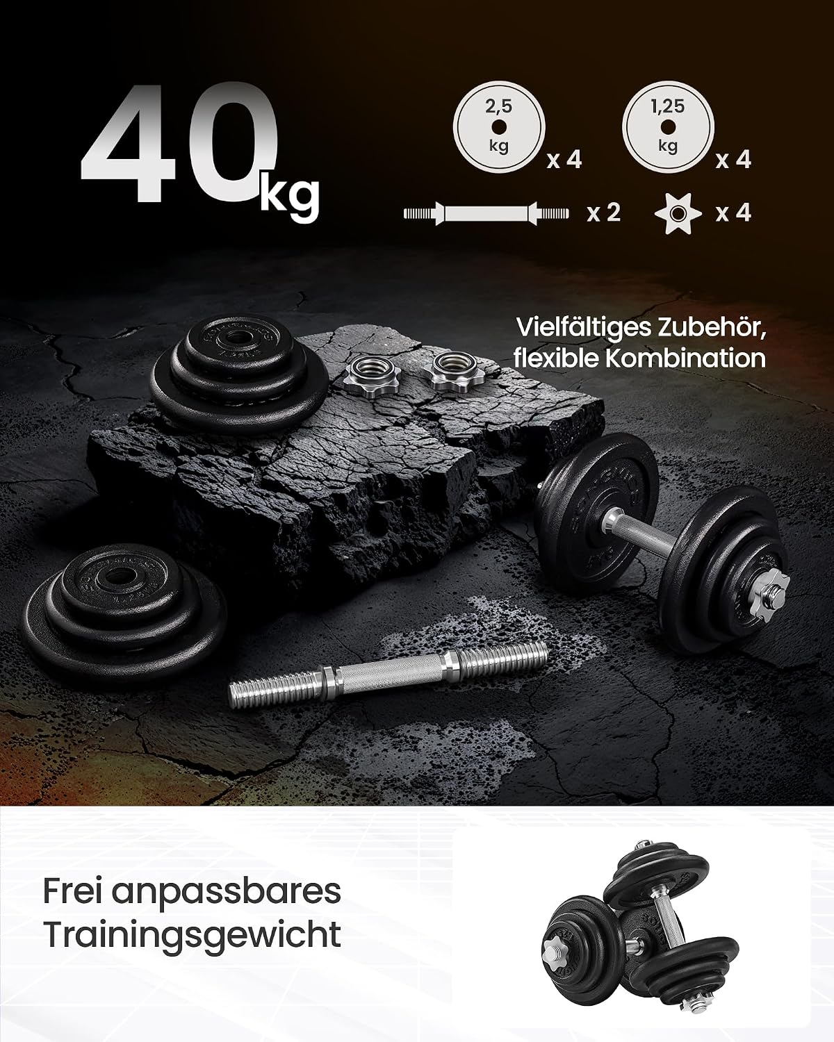 Detalle de SONGMICS verstellbares Hantelset aus Gusseisen (2 x 20 kg) für Krafttraining zuhause