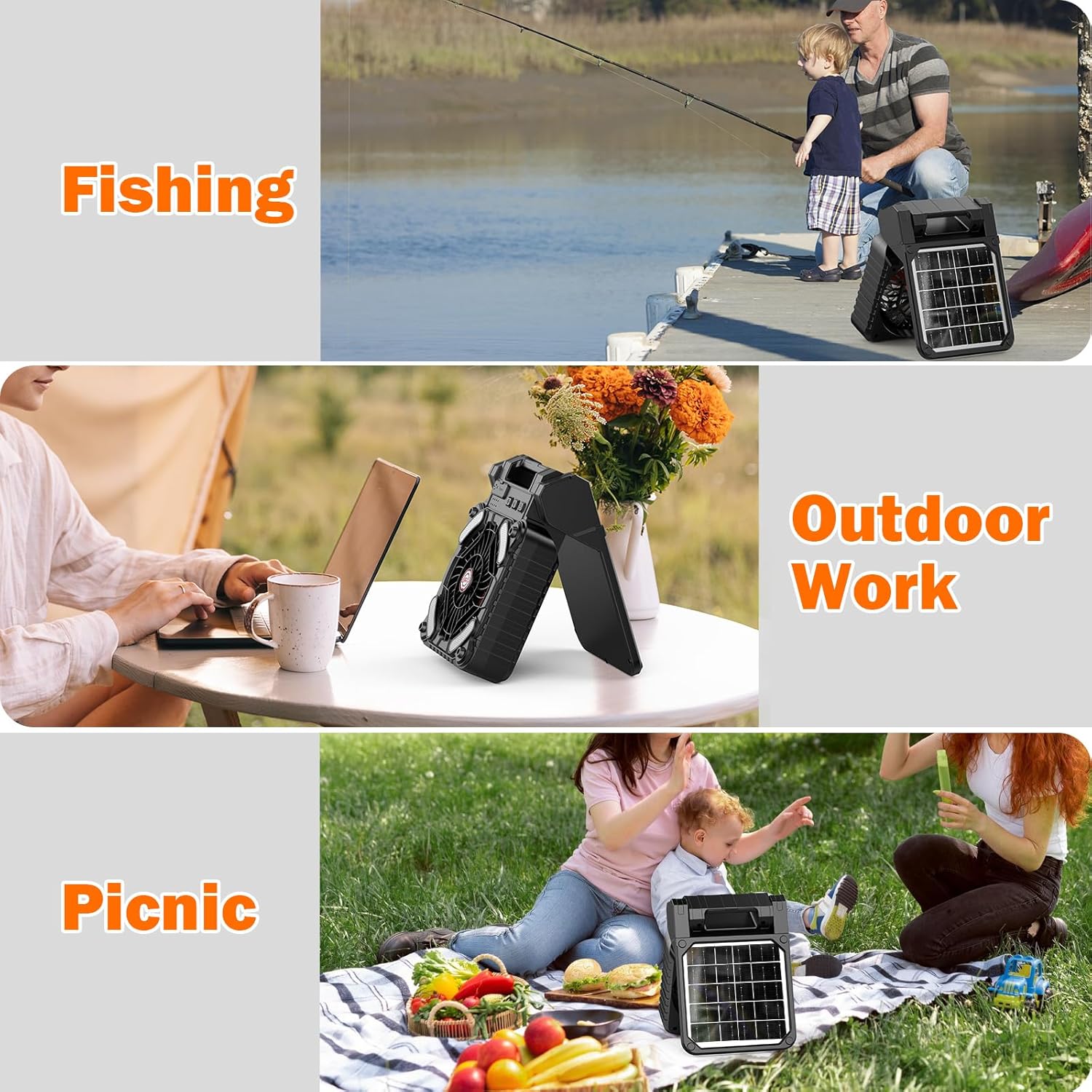 Thumbnail 3 de iYeHo Ventilatore da campeggio a energia solare con lanterna e batteria ricaricabile da 10.400 mAh