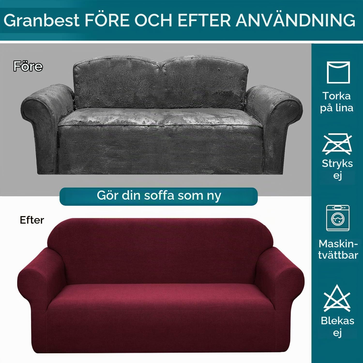 Detalle 1 de Granbest 1 stretchigt sofföverdrag i jacquard, vinrött och vattenavvisande