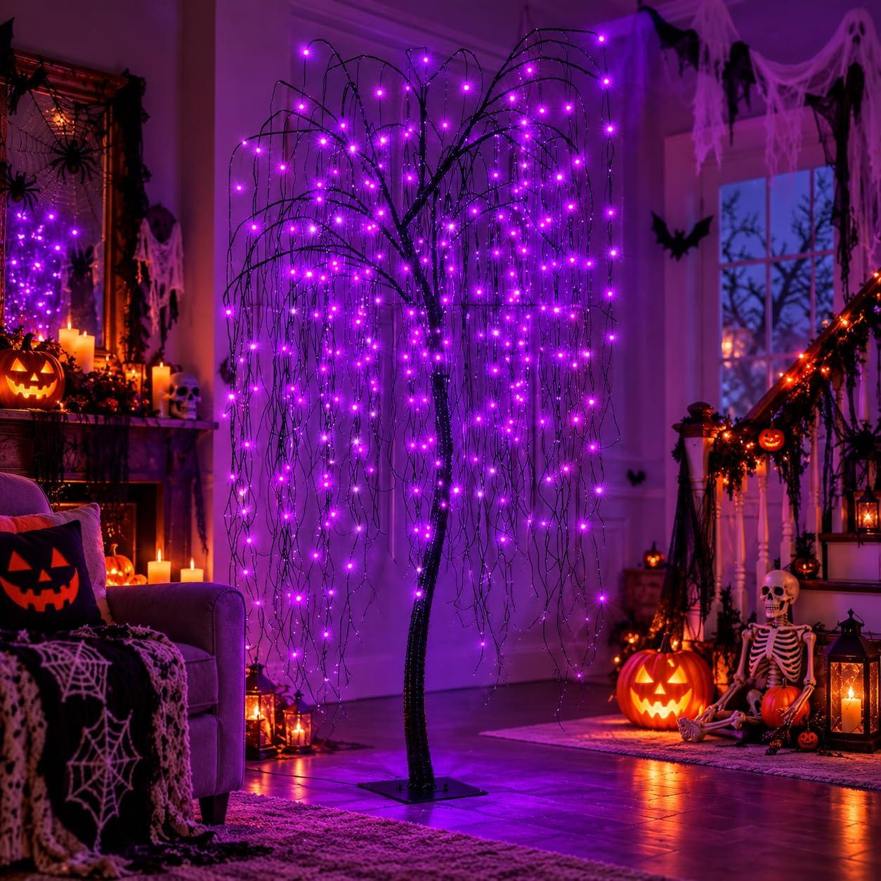 Detalle de LIGHTSHARE 7-Foot Halloween Willow Tree with 256 Purple LEDs, Timer and Stakes