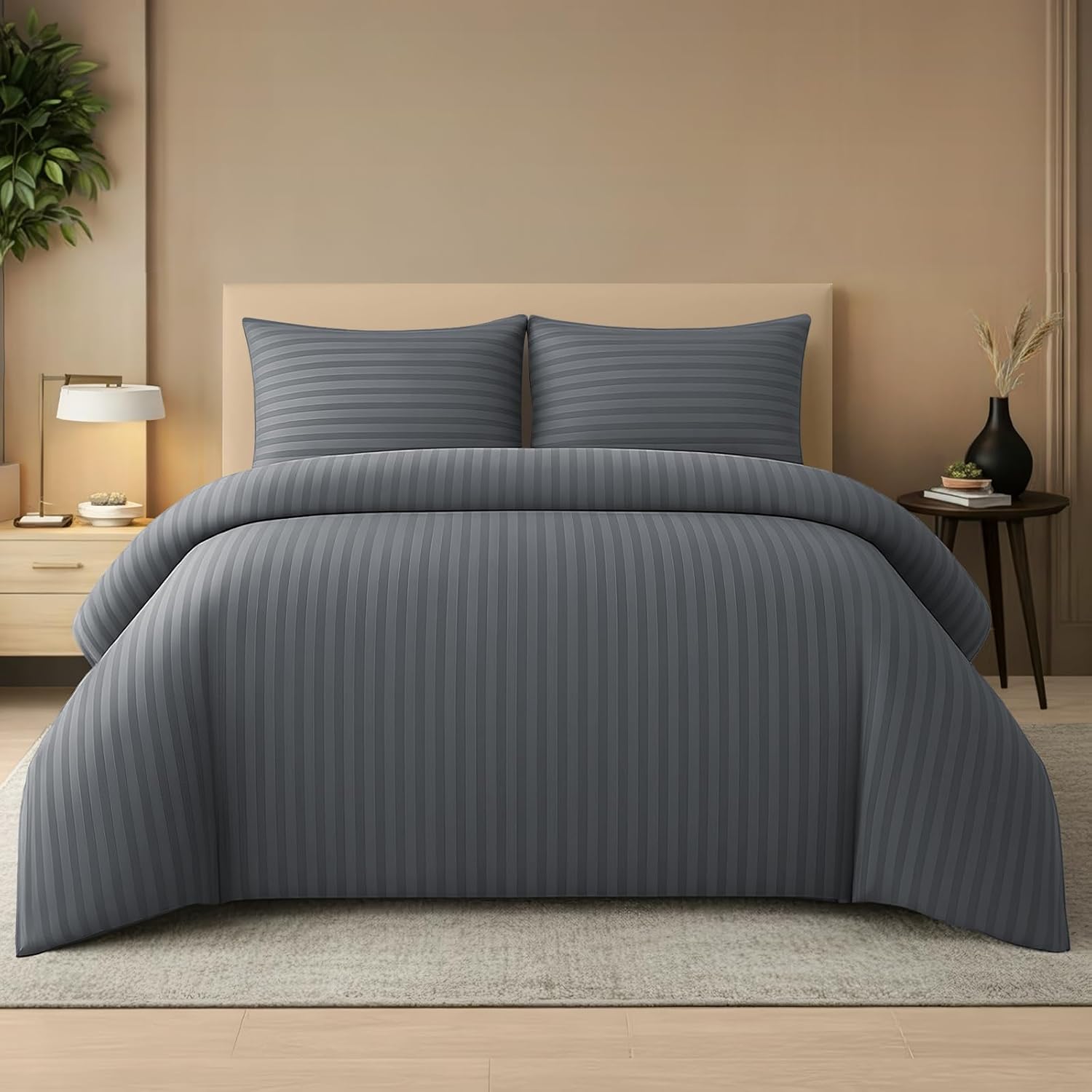 Detalle de Pamposh Satin Stripe Double Duvet Set – Premium Hotel Quality Microfibre Bedding