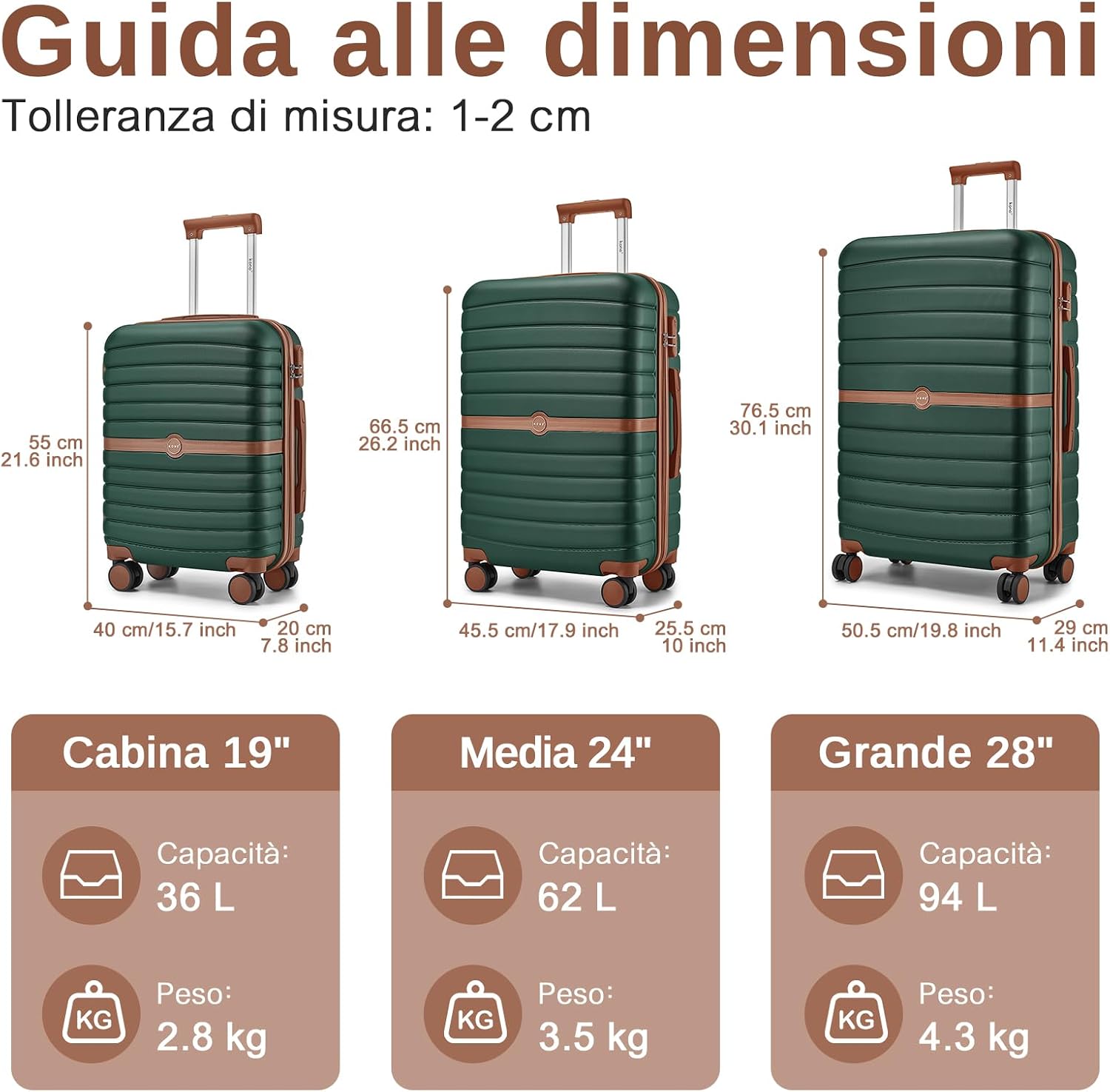 Detalle 2 de KONO Valigia Media Rigida 66,5 cm ABS+PC Trolley con 8 ruote 360° e lucchetto a combinazione (Verde scuro)