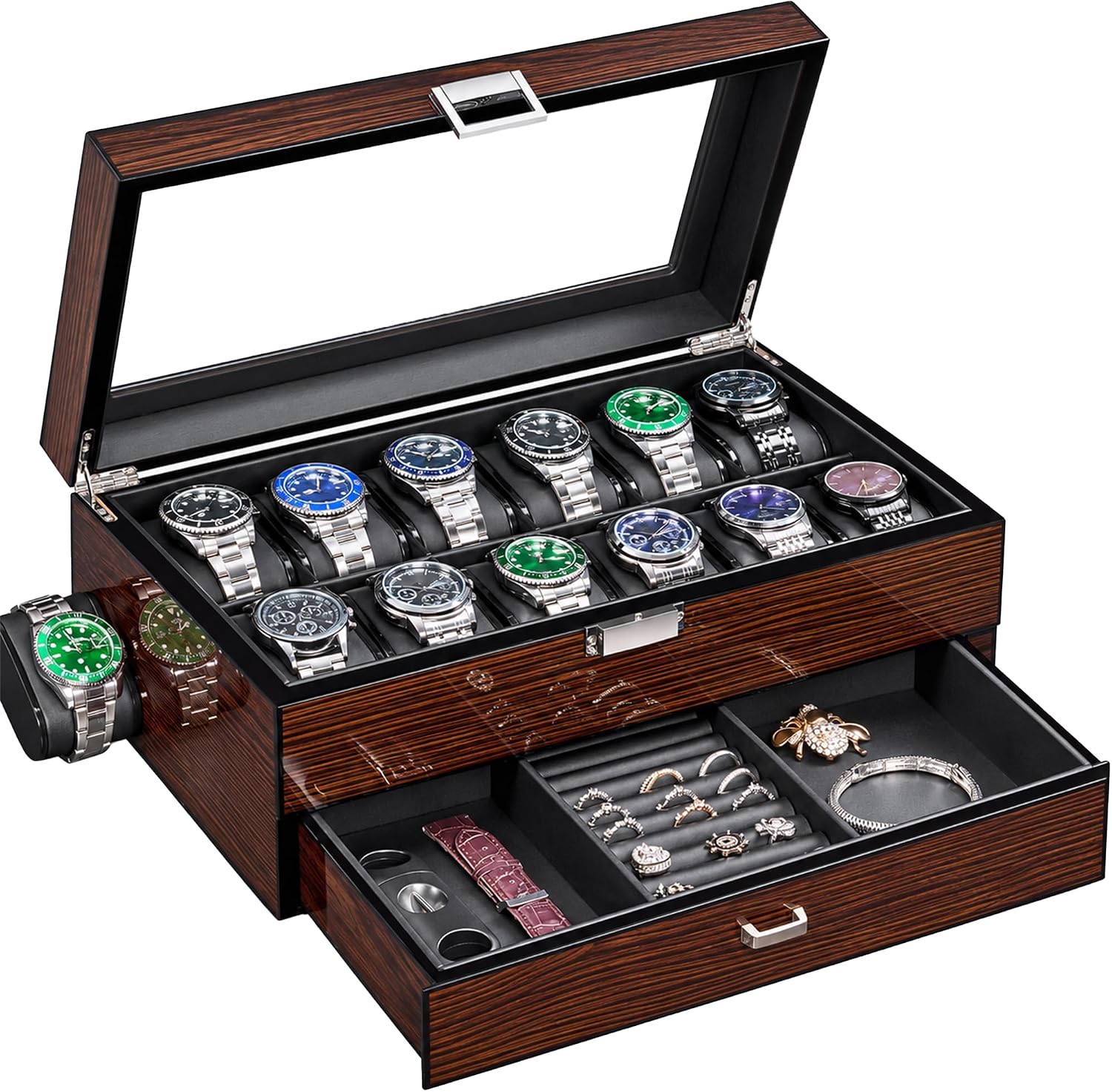 Detalle de BEWISHOME High-End Watch Box 12-Slot – Wooden Case with Large Glass Lid