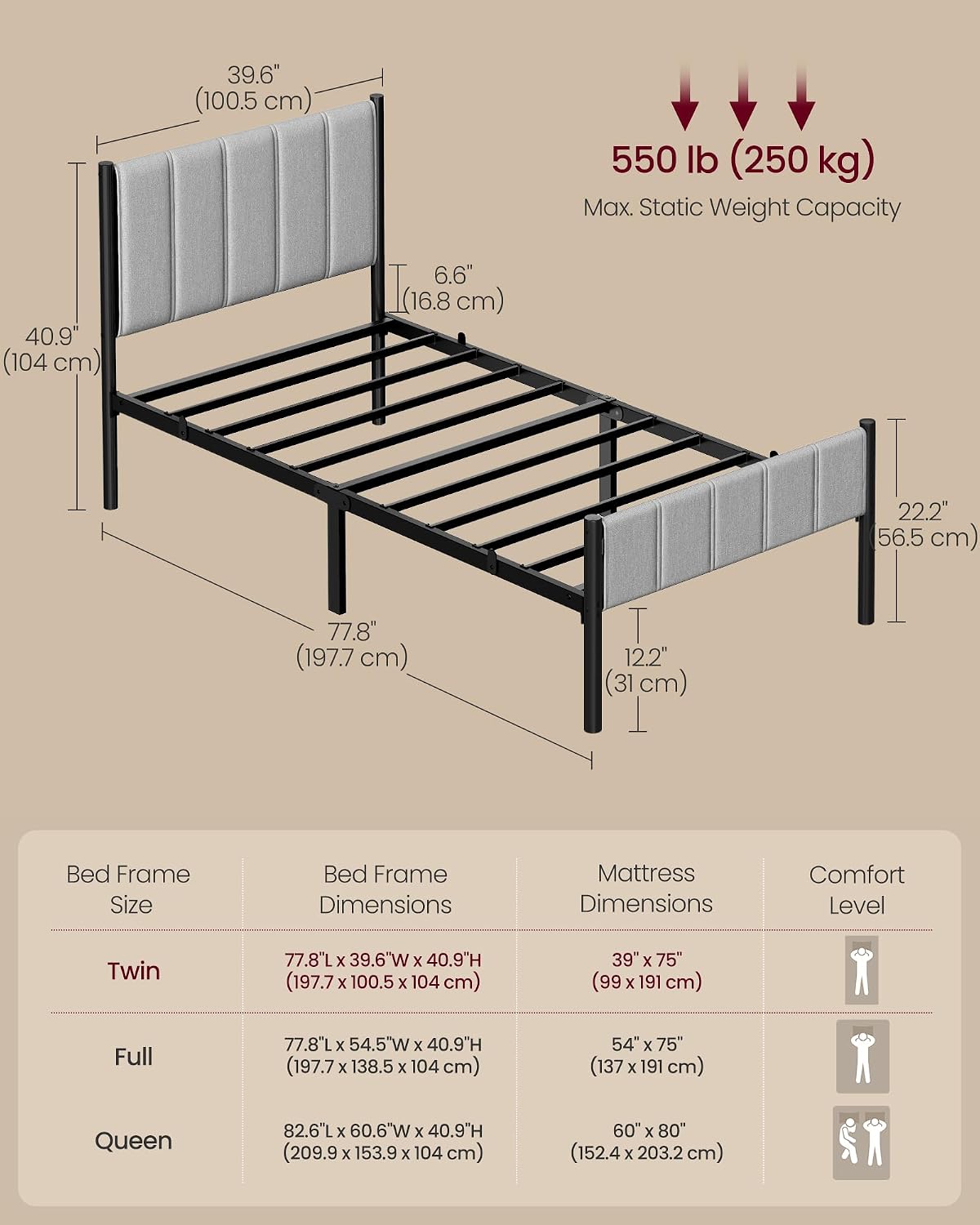 Thumbnail 2 de VASAGLE URMB983G01V1 Twin Bed Frame with Upholstered Headboard, Steel Slats