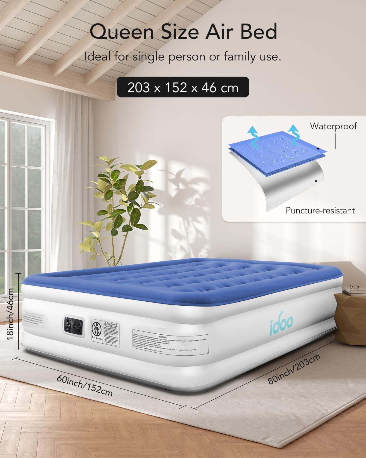 Detalle 2 de iDOO R-M002-BU-1 Queen Air Mattress with Built-In Pump, 46 cm Height