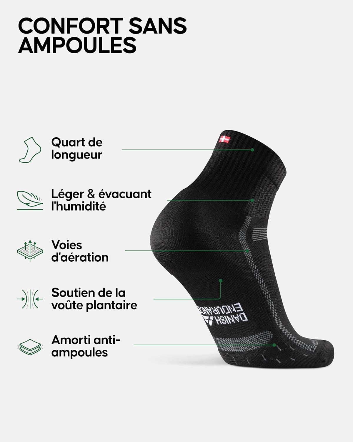 Thumbnail 1 de DANISH ENDURANCE Chaussettes de running longue distance (lot de 3) anti-ampoules, soutien voûte plantaire