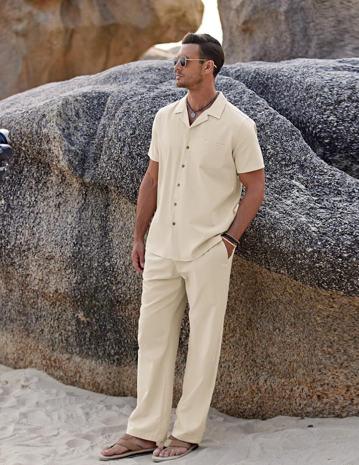 Thumbnail 3 de COOFANDY Men 2 Piece Linen Outfit: Beach-Ready Button-Down Shirt & Relaxed Pant Set